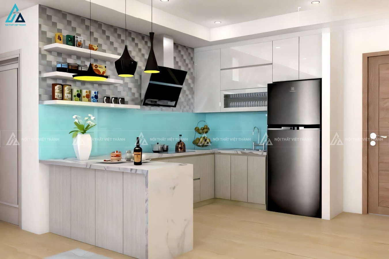 Mẫu tủ bếp gỗ công nghiệp cao cấp phối màu trắng sáng thanh lịch