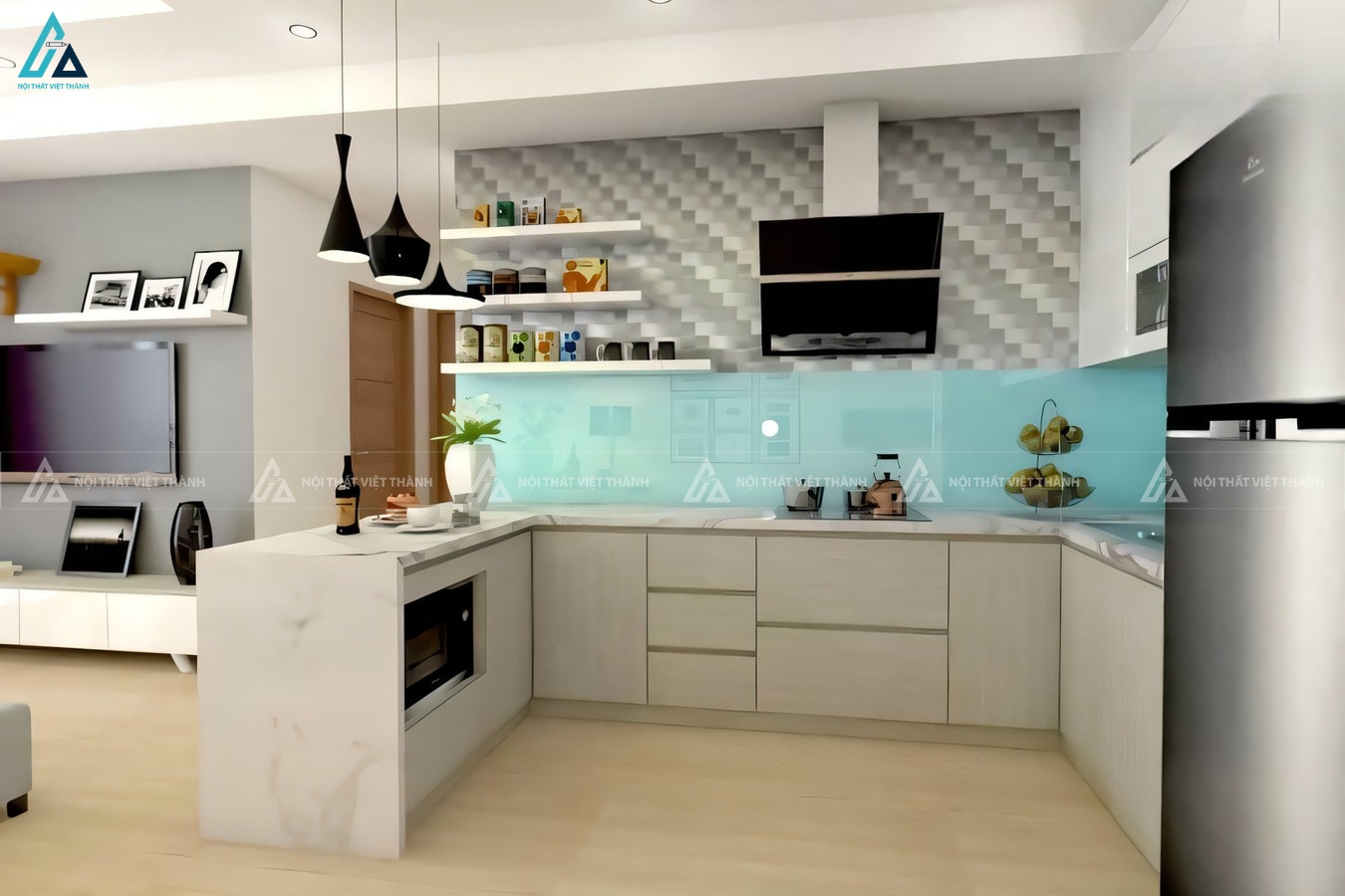 Mẫu tủ bếp gỗ công nghiệp cao cấp phối màu trắng sáng thanh lịch 1