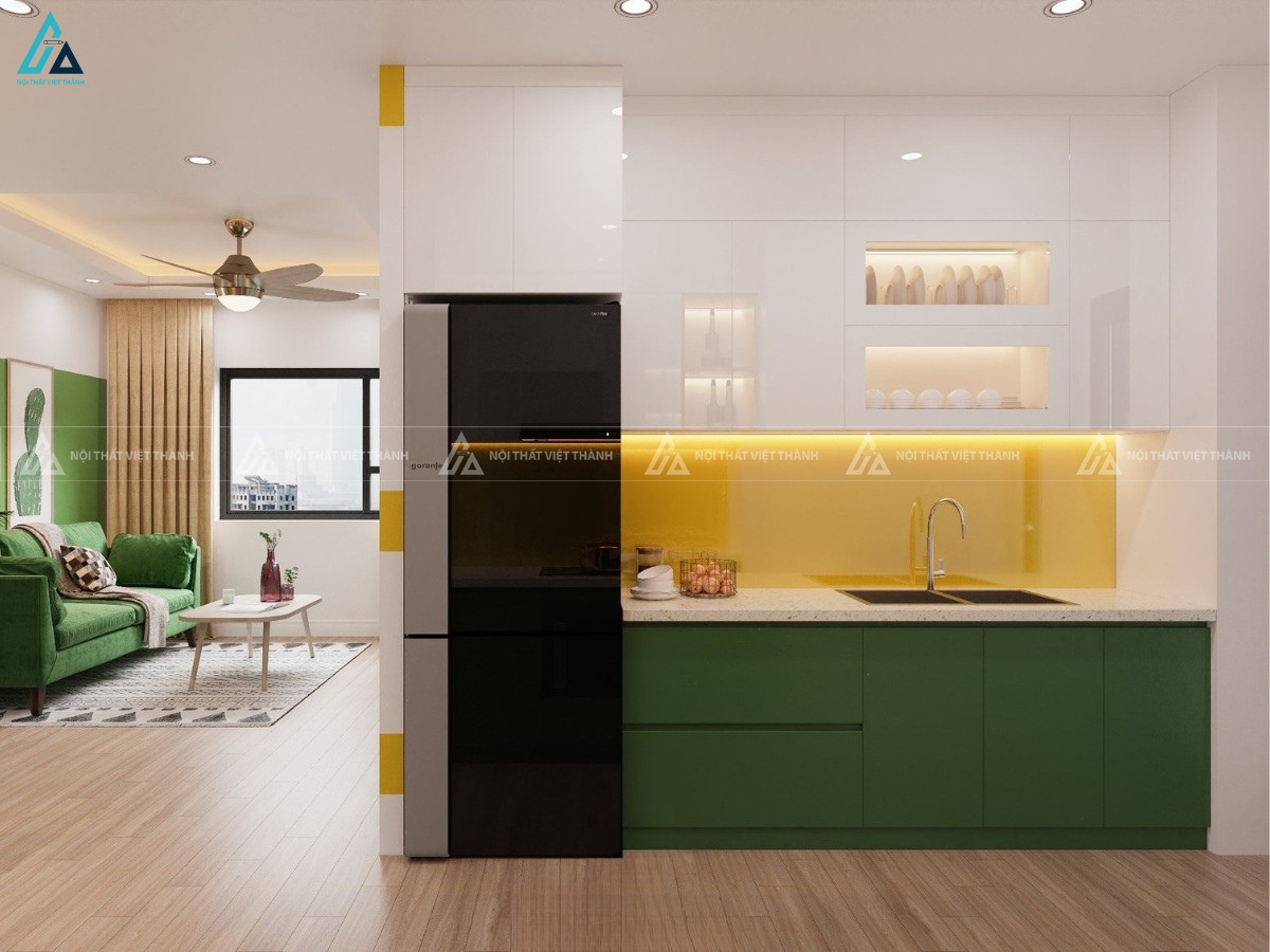 Bộ tủ bếp gỗ công nghiệp chữ I tối giản với hệ tủ trắng xanh