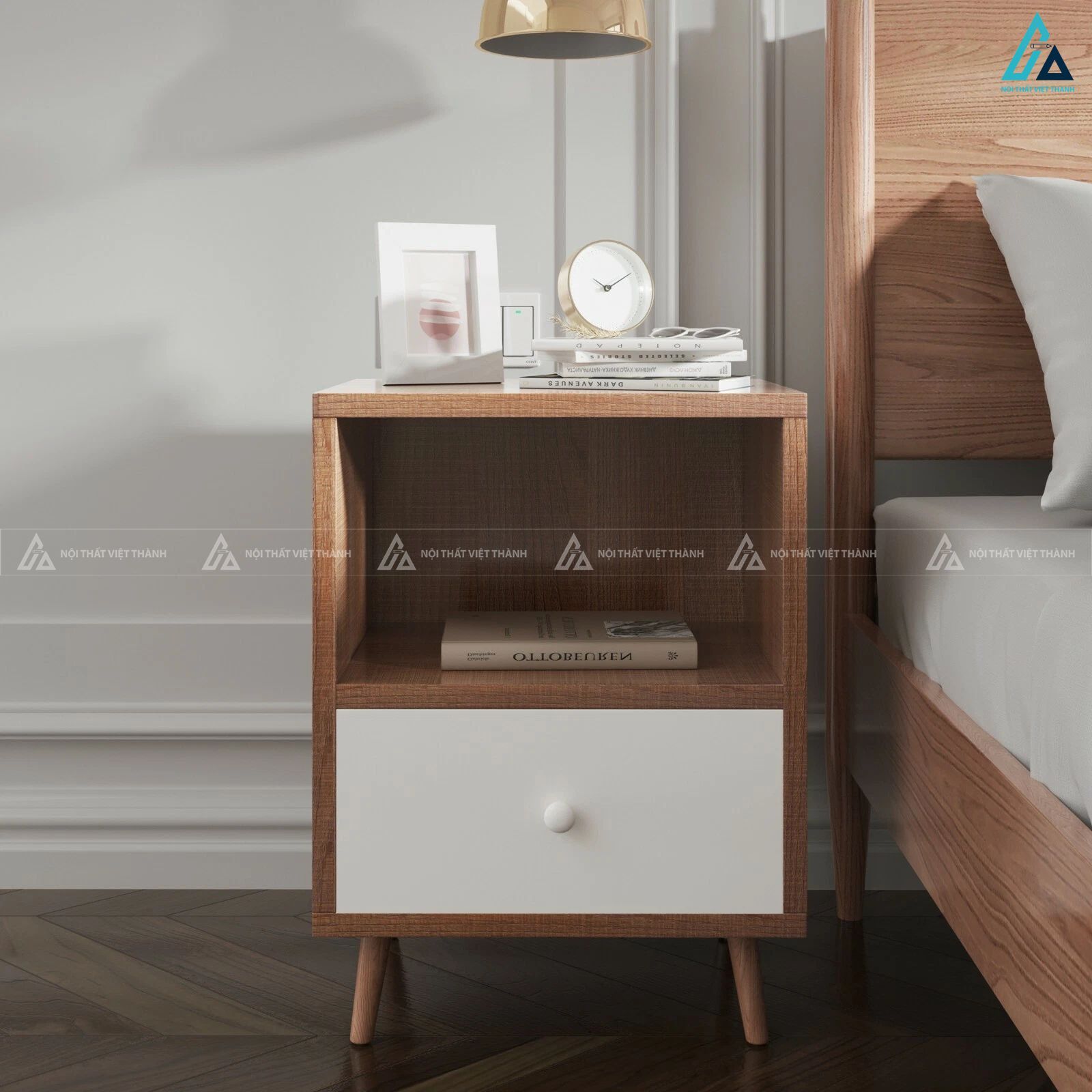 Tab đầu giường phong cách Bắc Âu kết hợp kệ mở và ngăn kéo