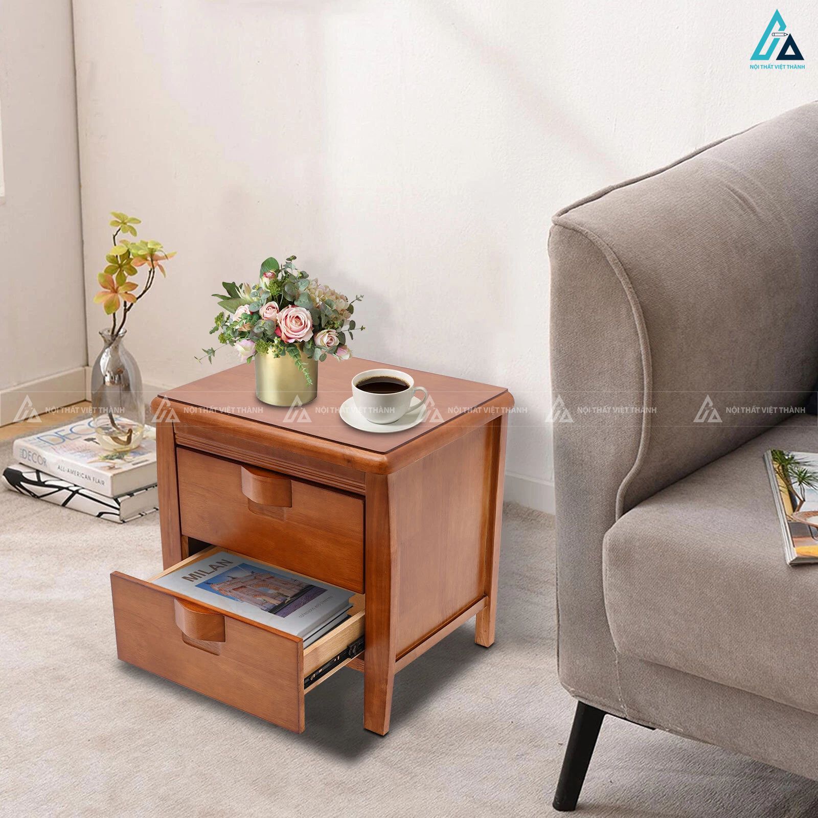 Tủ đầu giường gỗ nguyên khối 2 ngăn kéo thiết kế tối giản 1
