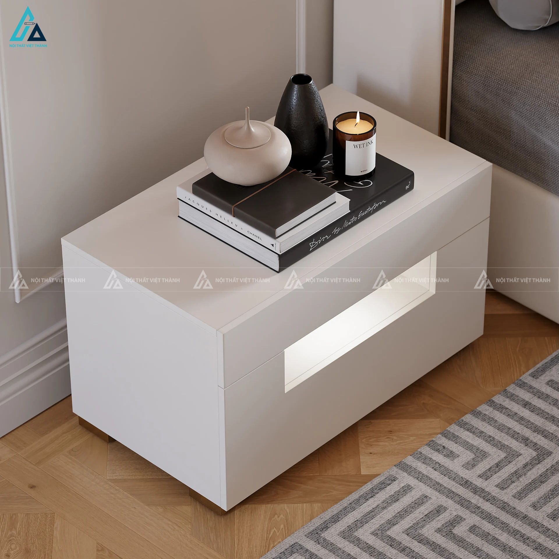 Tủ đầu giường hiện đại tích hợp ngăn kệ đèn LED sang trọng 1