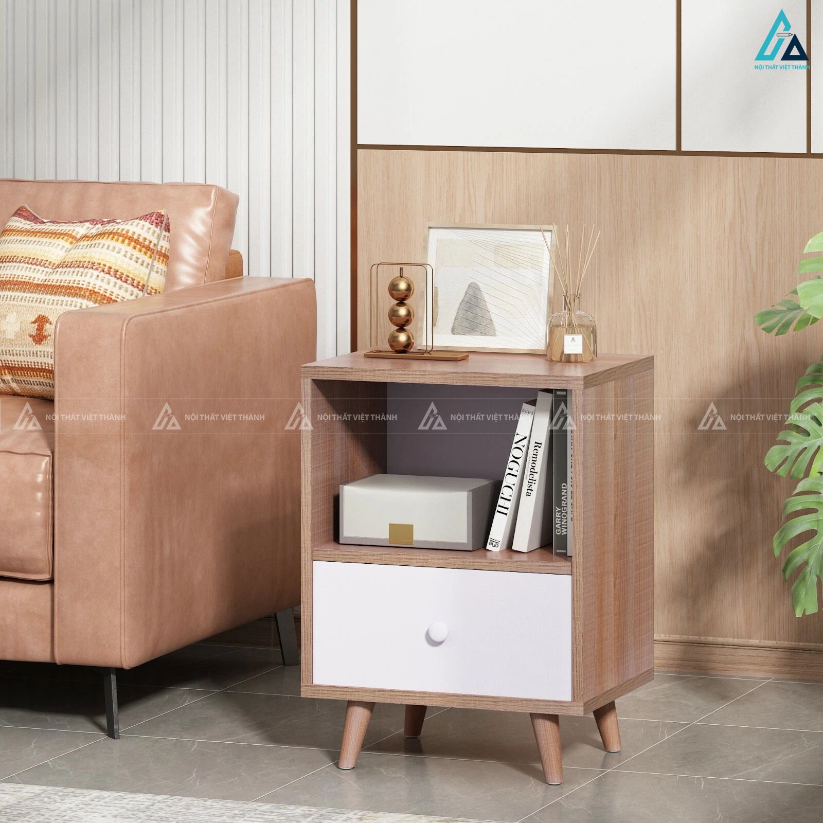 Tab đầu giường phong cách Bắc Âu kết hợp kệ mở và ngăn kéo 1