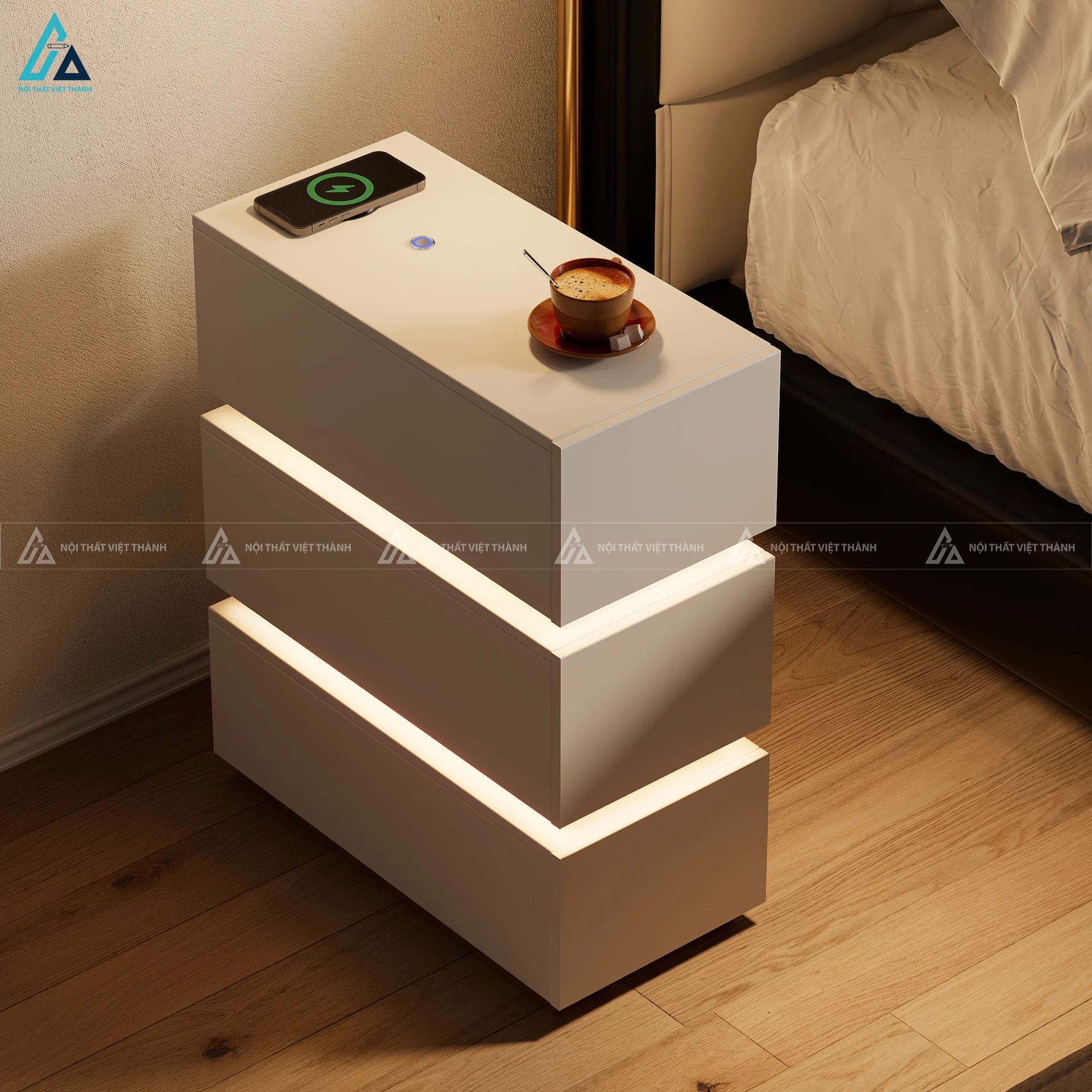 Tủ đầu giường 3 ngăn kéo hẹp tích hợp trạm sạc tiện nghi