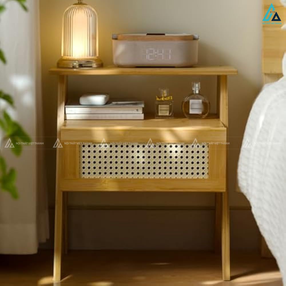 Tủ đầu giường gỗ mây đan có ngăn kéo thiết kế hiện đại tinh tế 2