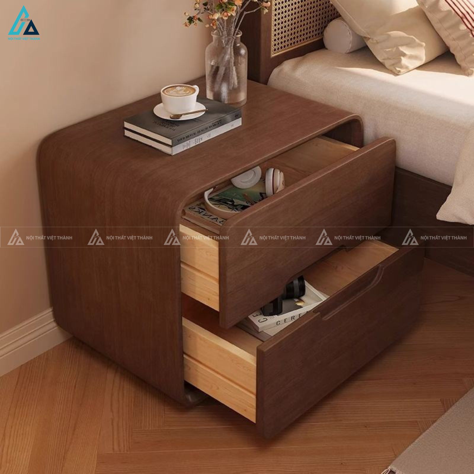 Tủ đầu giường gỗ nguyên khối 2 ngăn kéo tối giản sang trọng 2