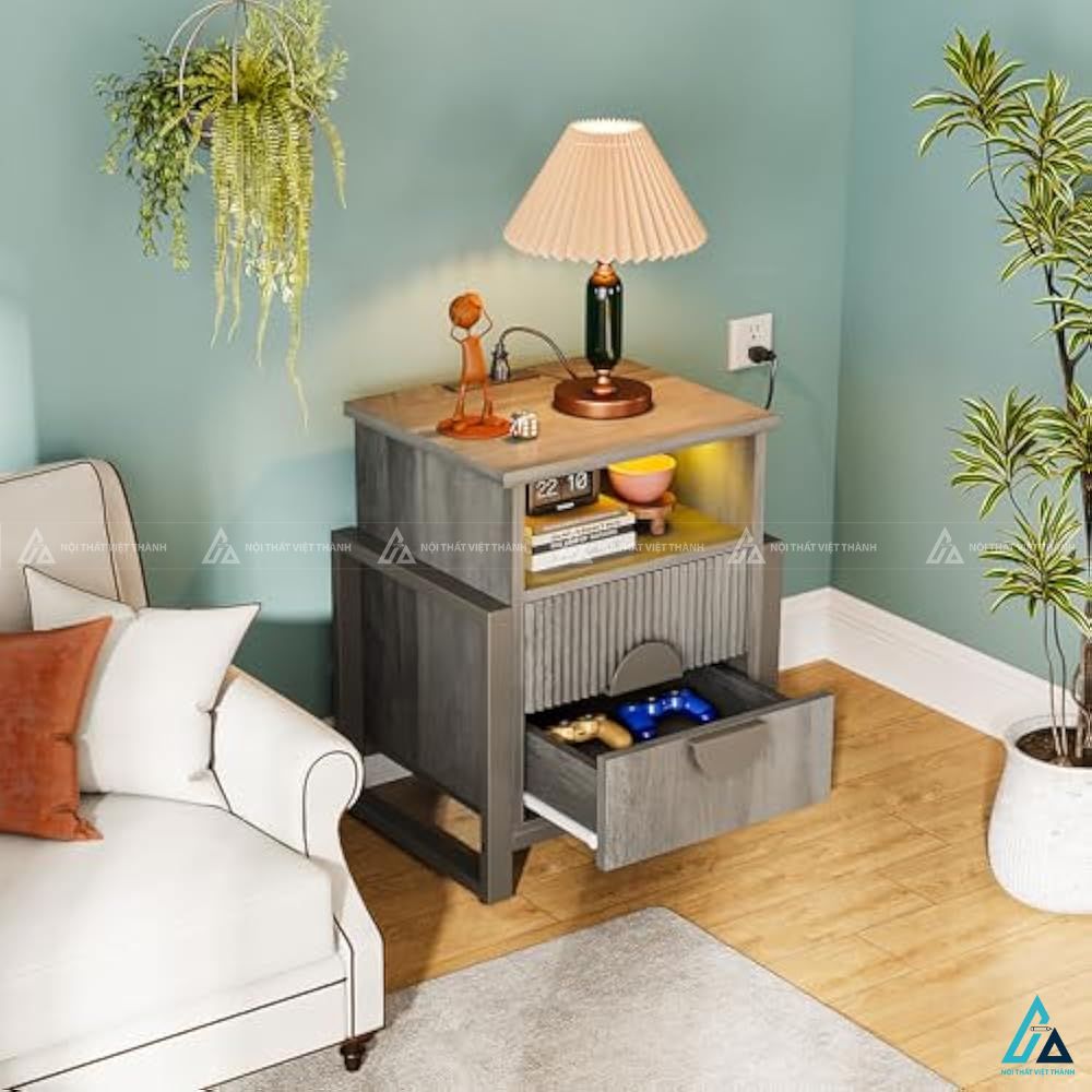 Tủ đầu giường 2 ngăn kéo tích hợp đèn LED hiện đại sang trọng