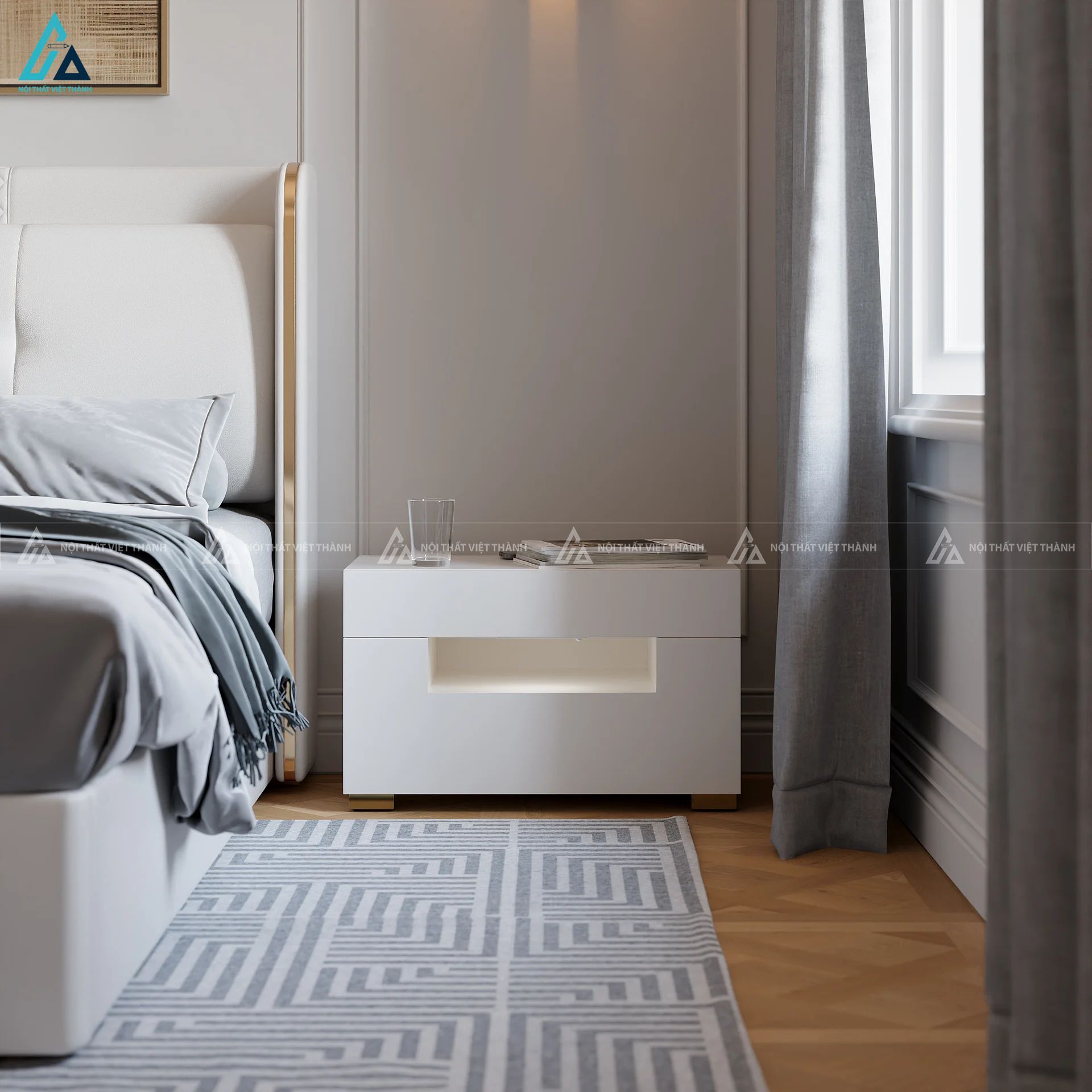 Tủ đầu giường hiện đại tích hợp ngăn kệ đèn LED sang trọng 3