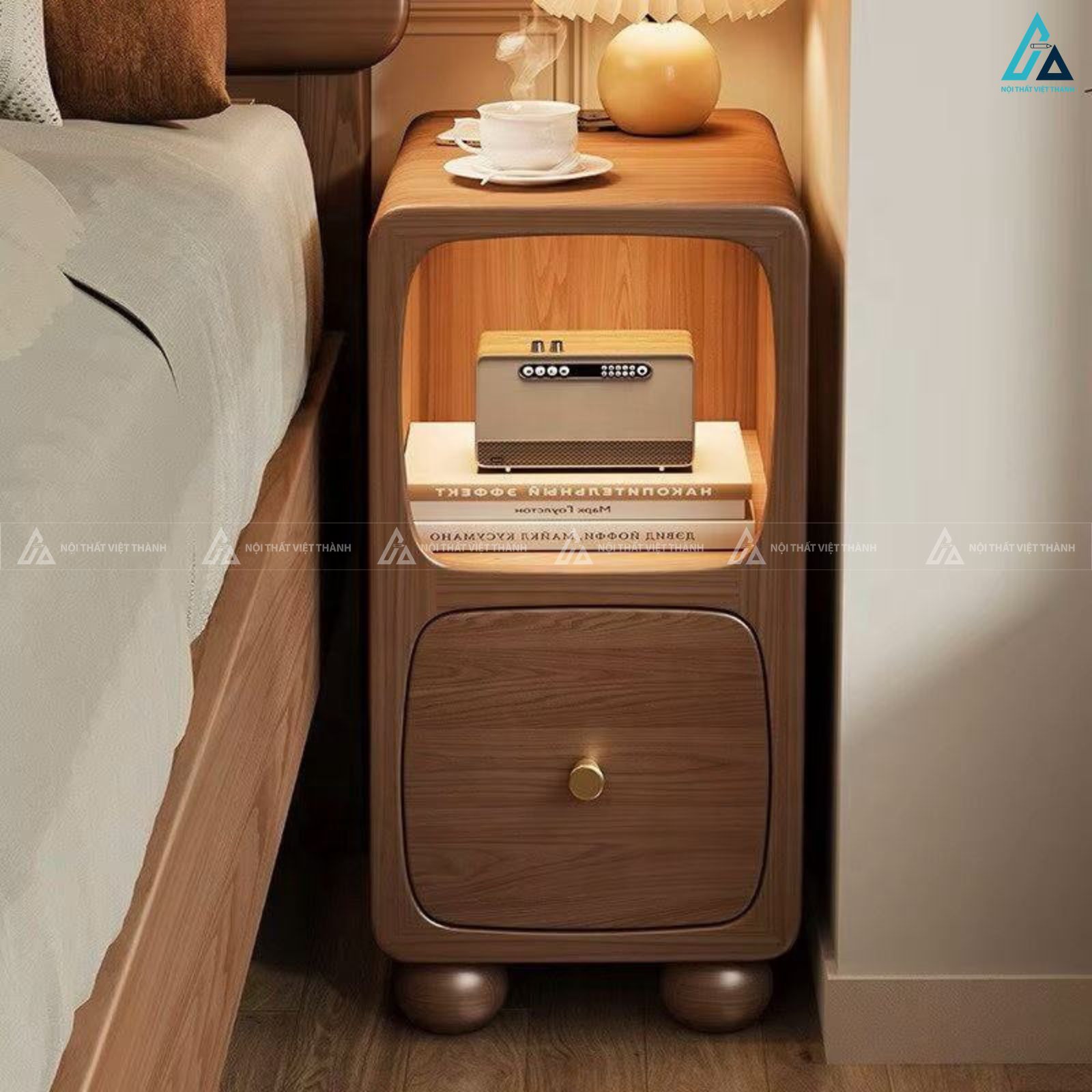 Tủ đầu giường đèn LED thông minh thiết kế góc bo tròn hiện đại