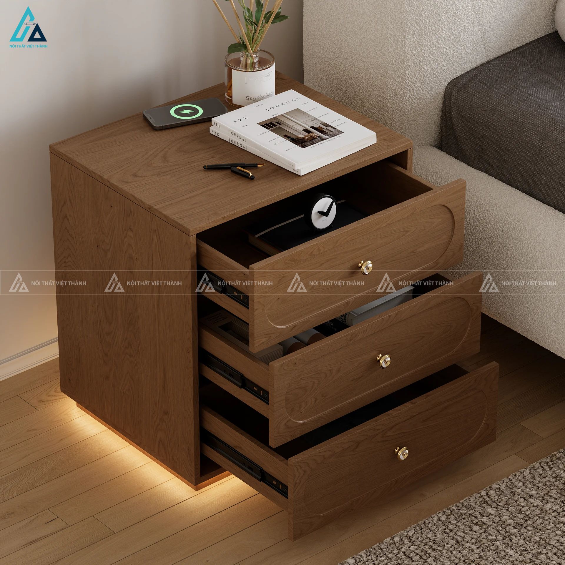 Tủ đầu giường 3 ngăn kéo hiện đại tích hợp đèn LED chân đế