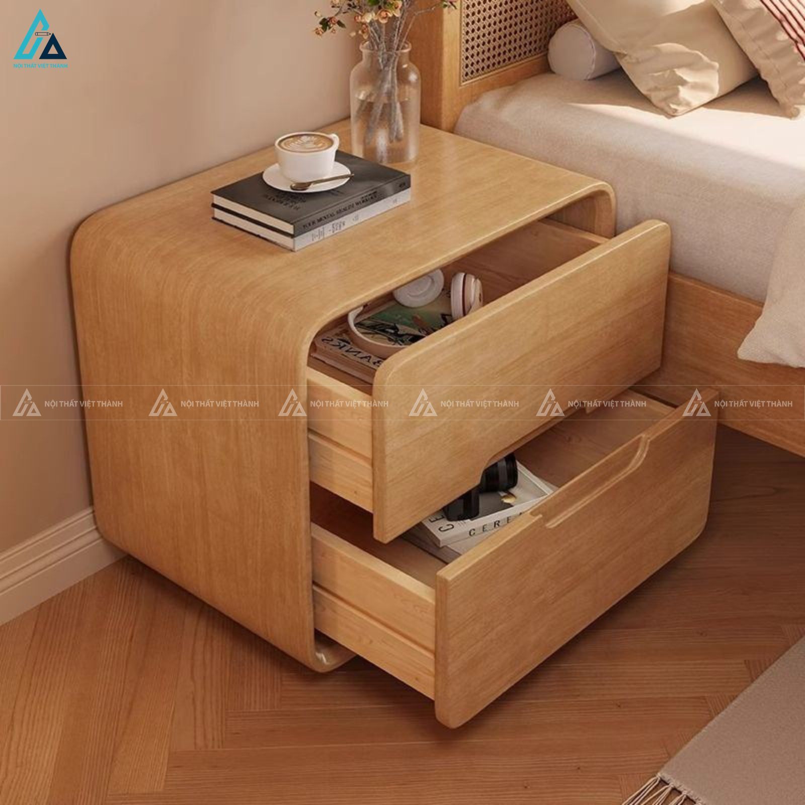 Tủ đầu giường gỗ nguyên khối 2 ngăn kéo tối giản sang trọng