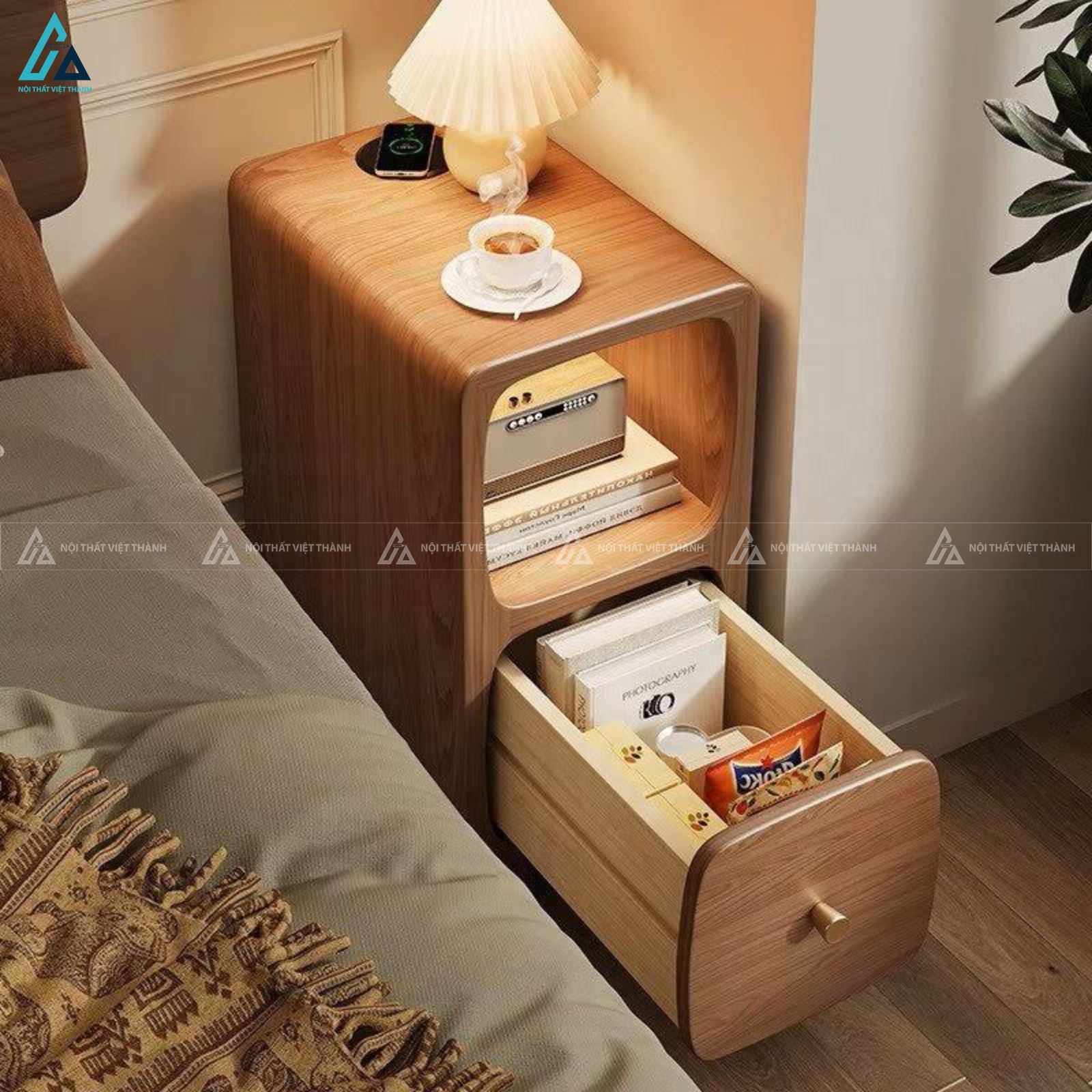 Tủ đầu giường đèn LED thông minh thiết kế góc bo tròn hiện đại 4
