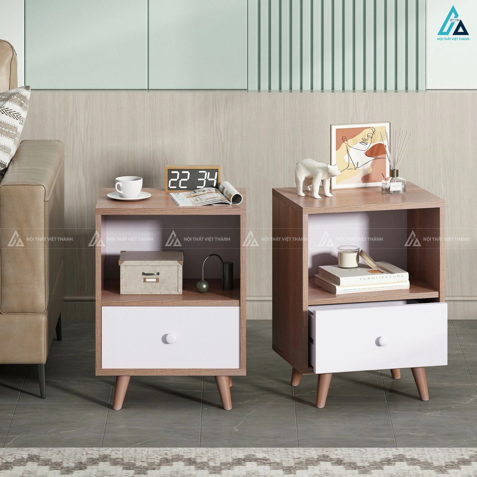 Tab đầu giường phong cách Bắc Âu kết hợp kệ mở và ngăn kéo 3