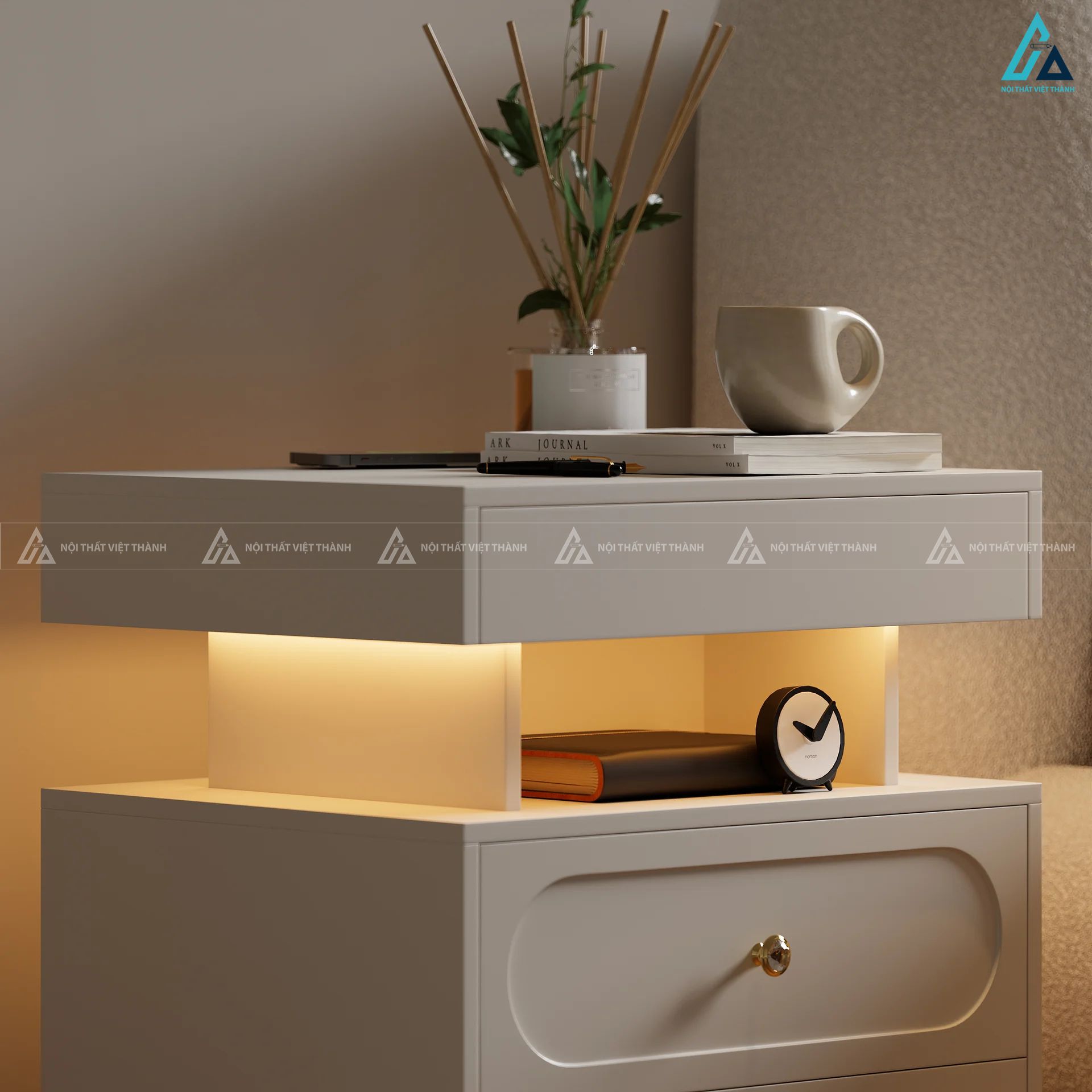 Tủ đầu giường tích hợp ngăn kéo và kệ đèn LED thông minh 3