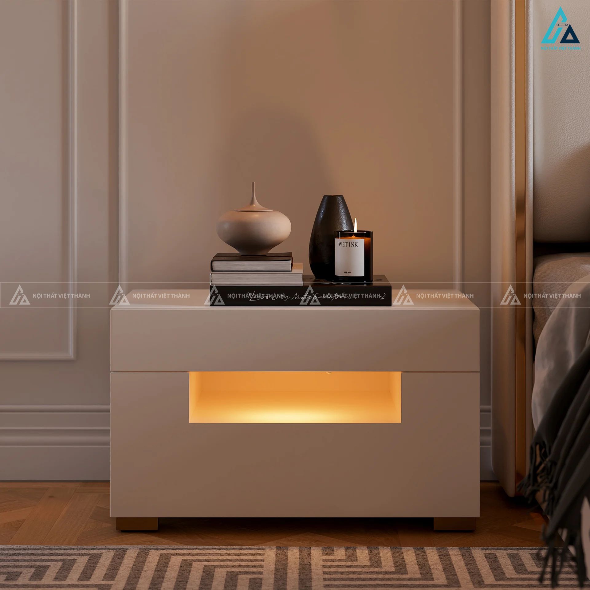 Tủ đầu giường hiện đại tích hợp ngăn kệ đèn LED sang trọng