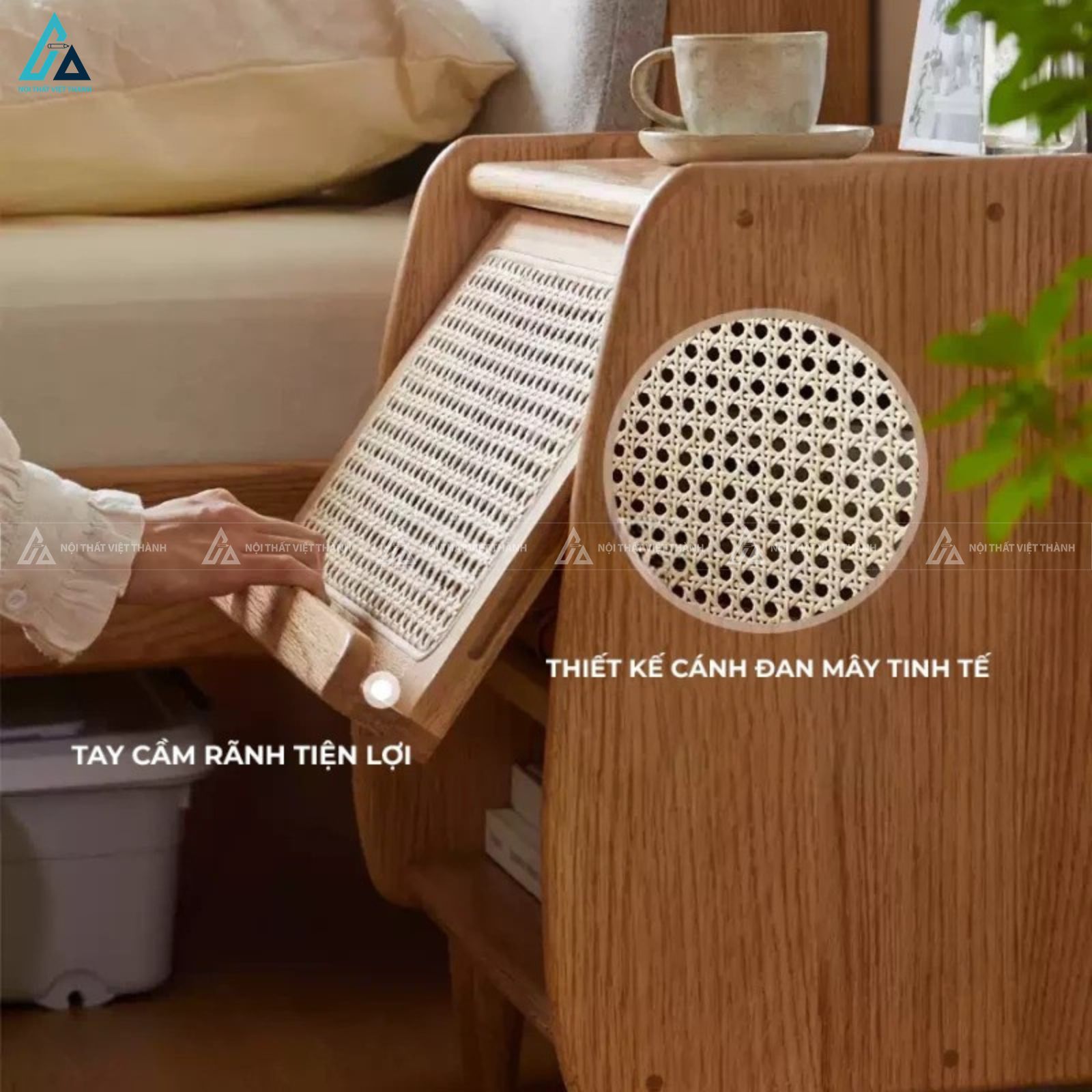 Tủ đầu giường hiện đại phối mây đan có đèn led trang trí 4