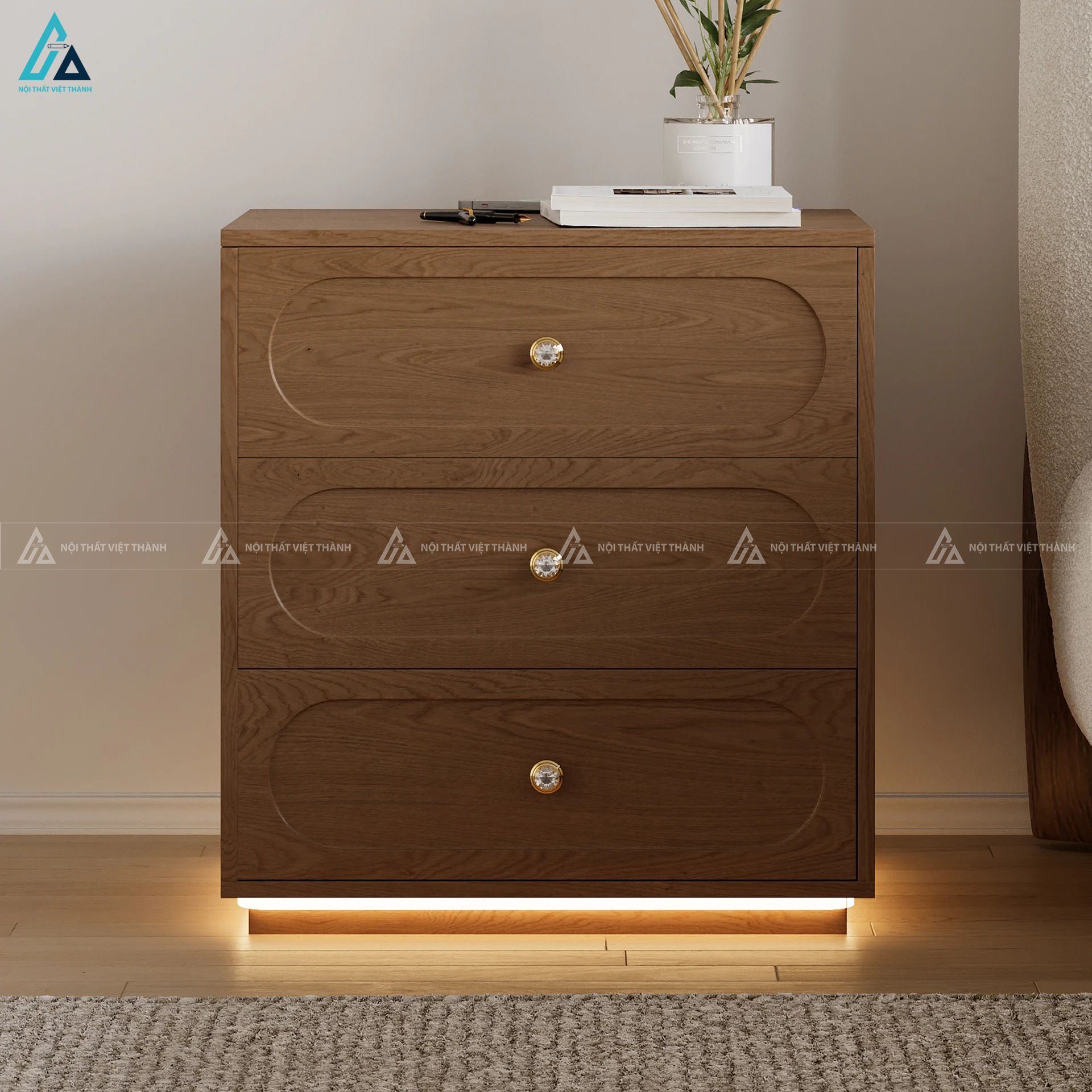 Tủ đầu giường 3 ngăn kéo hiện đại tích hợp đèn LED chân đế 3