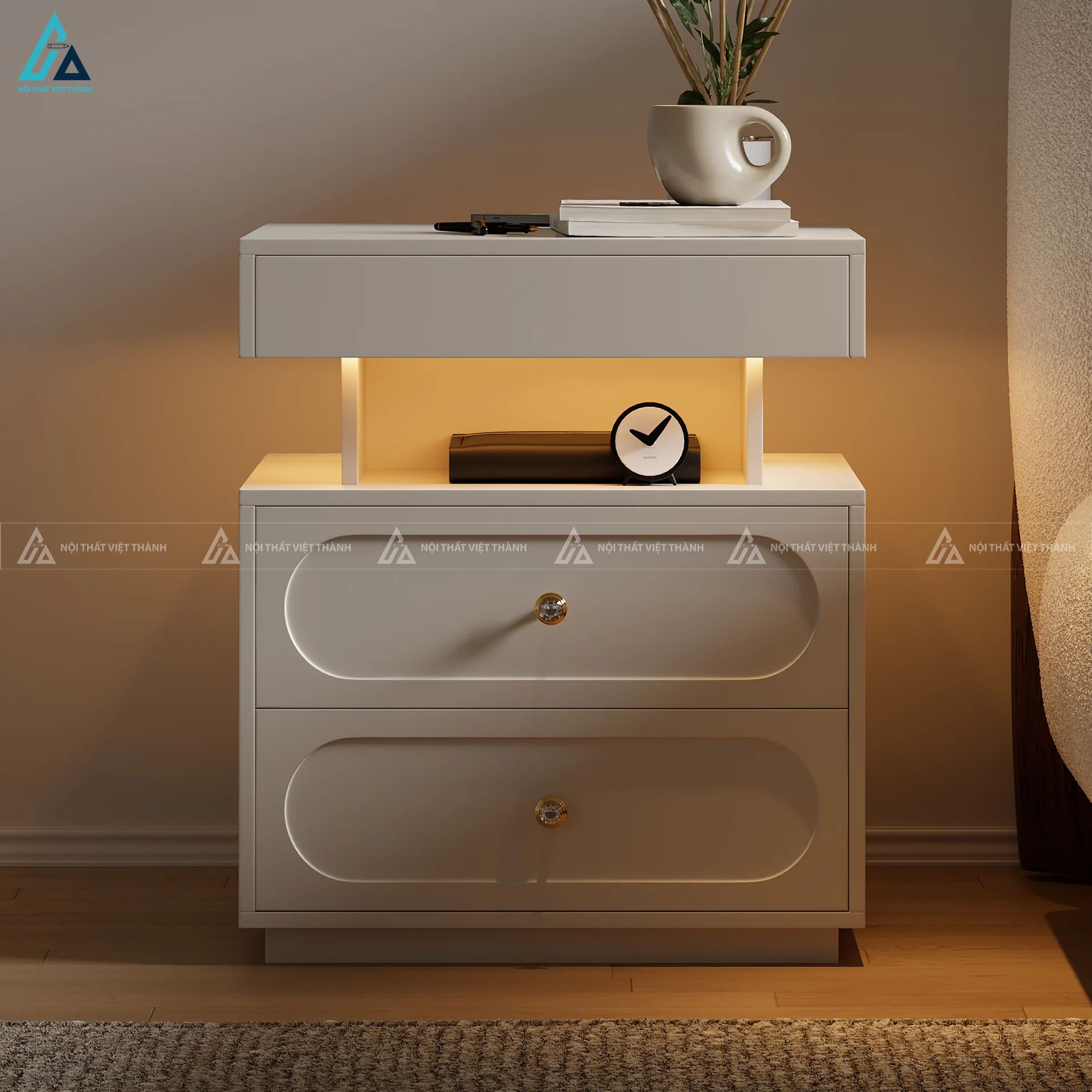 Tủ đầu giường tích hợp ngăn kéo và kệ đèn LED thông minh