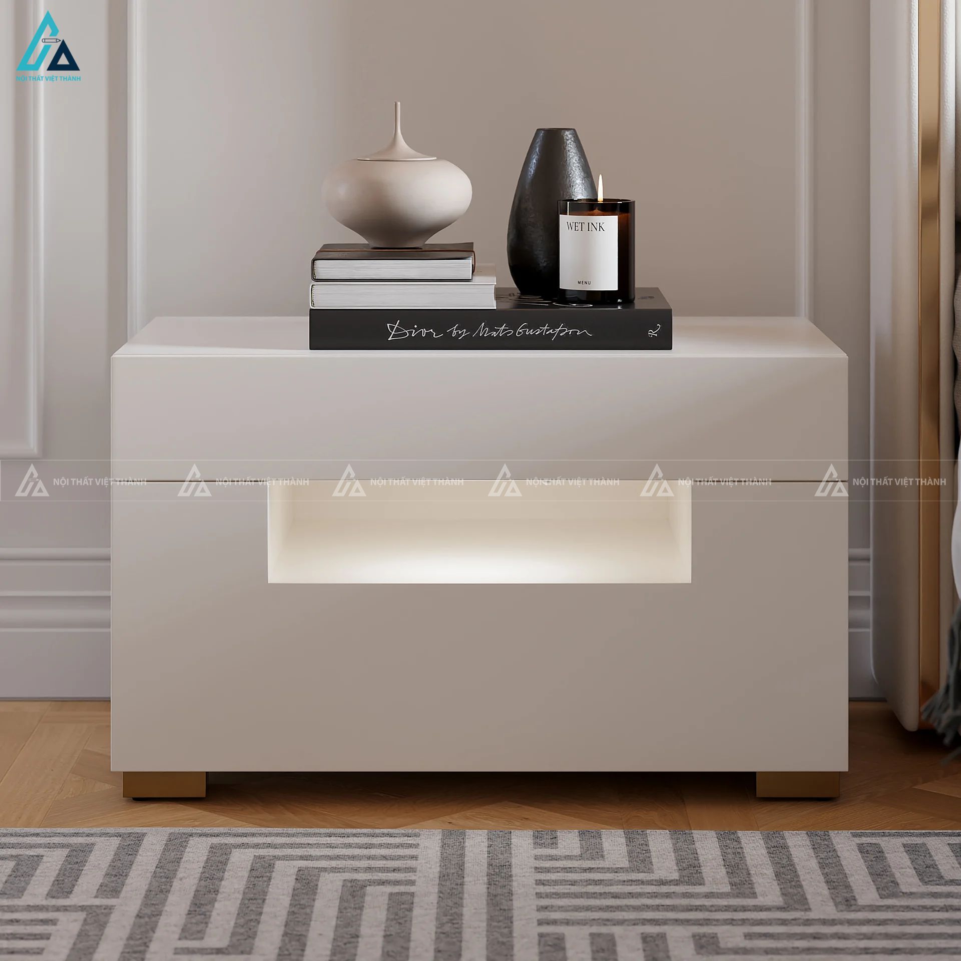 Tủ đầu giường hiện đại tích hợp ngăn kệ đèn LED sang trọng 2