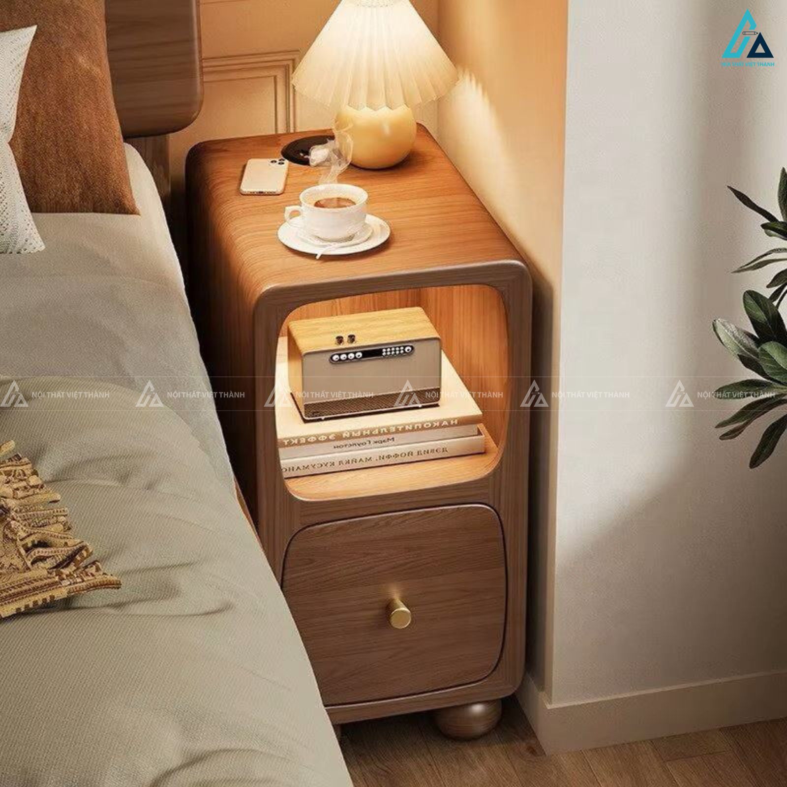 Tủ đầu giường đèn LED thông minh thiết kế góc bo tròn hiện đại 5