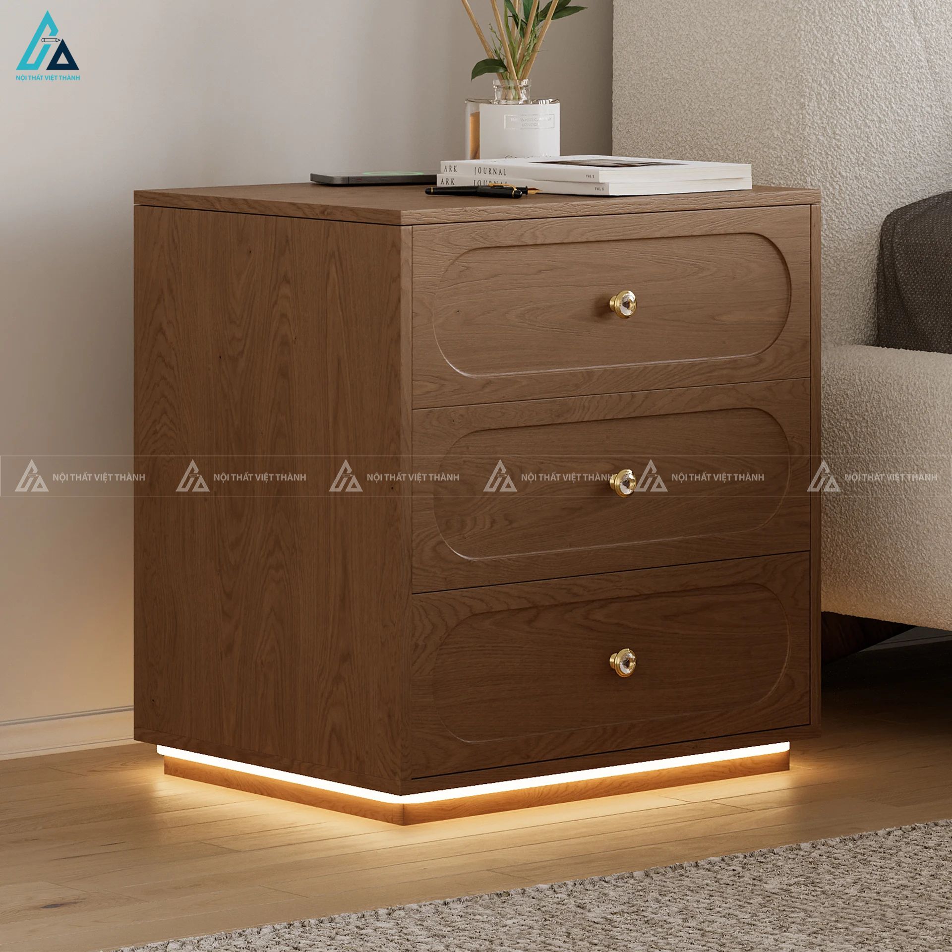 Tủ đầu giường 3 ngăn kéo hiện đại tích hợp đèn LED chân đế 4