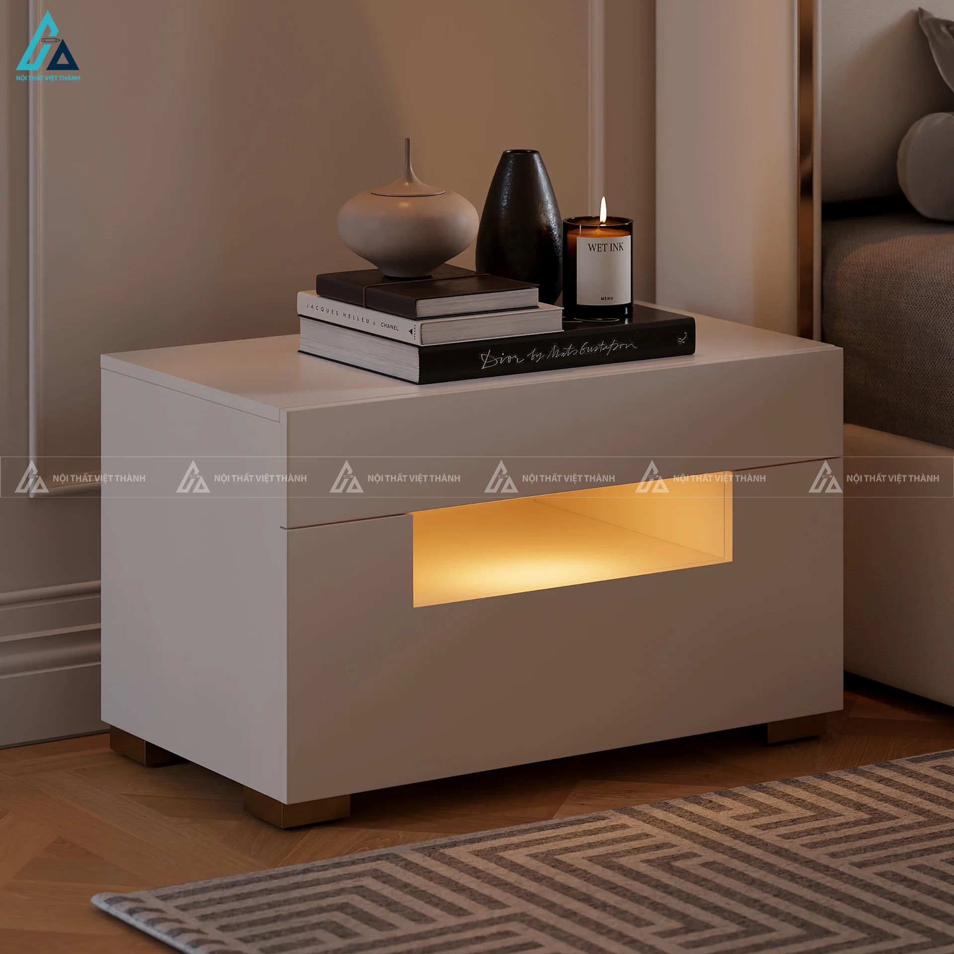 Tủ đầu giường hiện đại tích hợp ngăn kệ đèn LED sang trọng 4