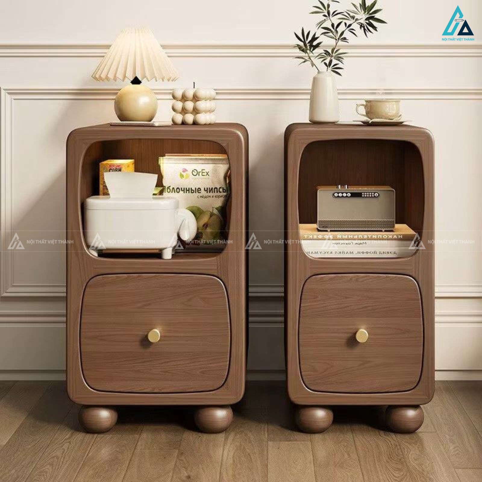 Tủ đầu giường đèn LED thông minh thiết kế góc bo tròn hiện đại 2