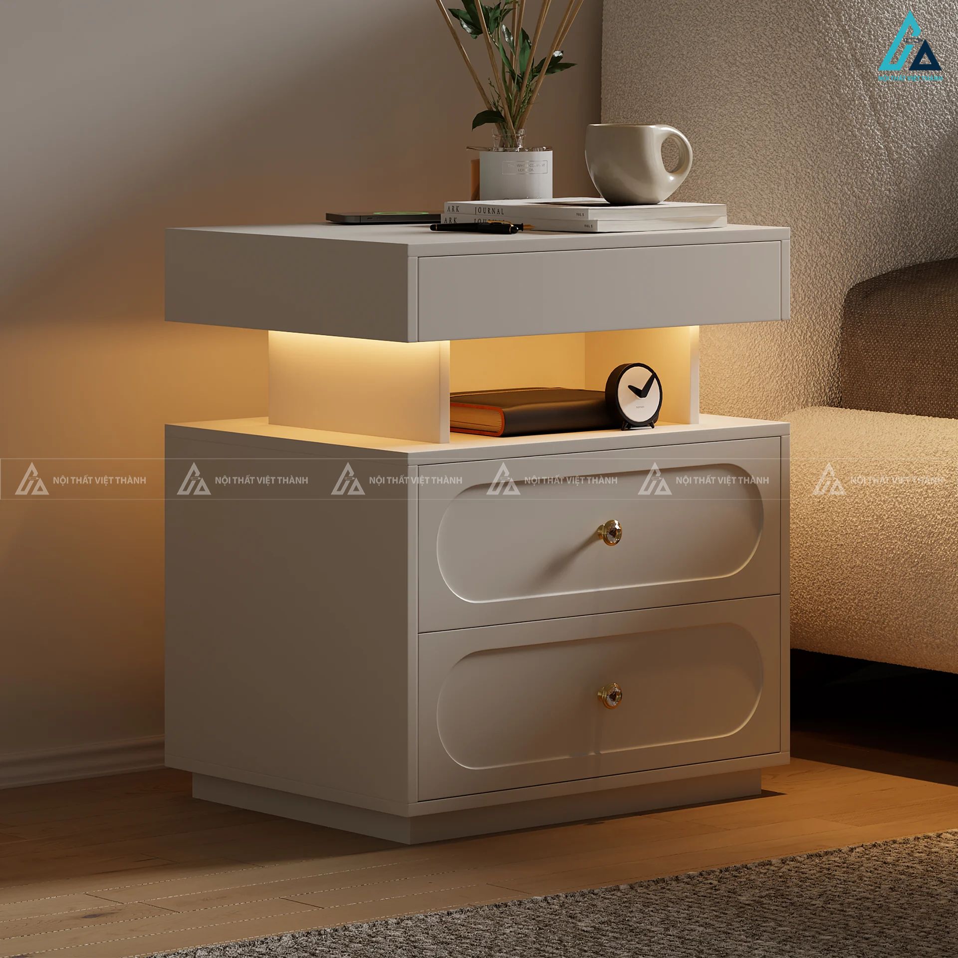 Tủ đầu giường tích hợp ngăn kéo và kệ đèn LED thông minh 4