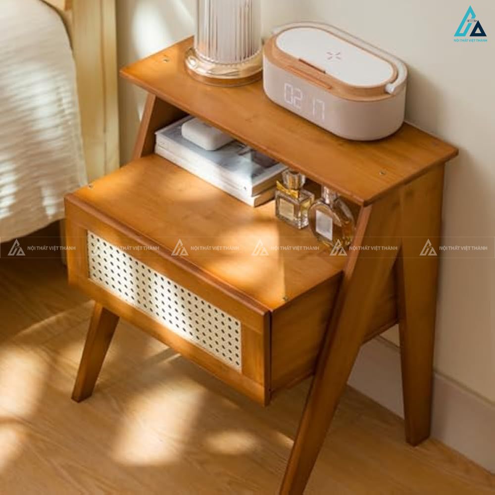 Tủ đầu giường gỗ mây đan có ngăn kéo thiết kế hiện đại tinh tế