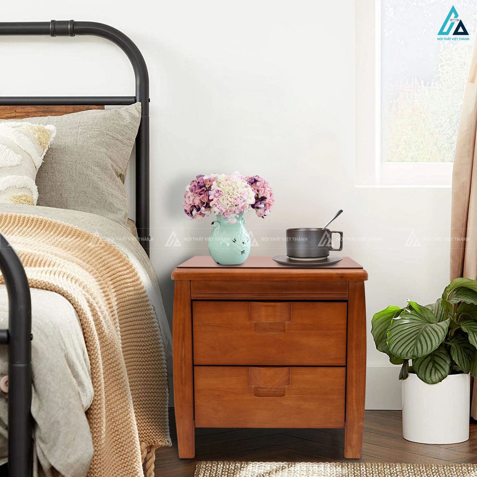 Tủ đầu giường gỗ nguyên khối 2 ngăn kéo thiết kế tối giản