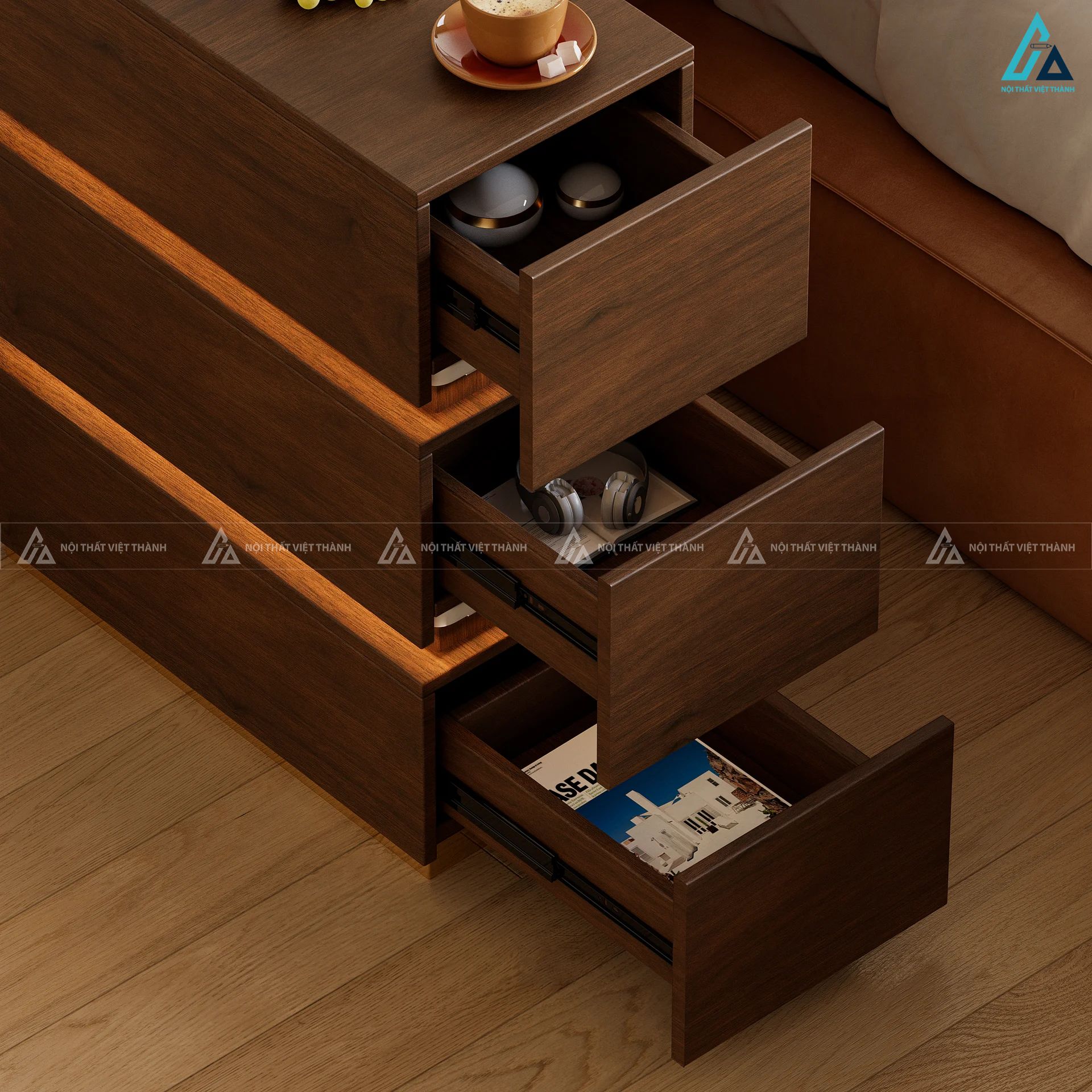 Tủ đầu giường 3 ngăn kéo hẹp tích hợp trạm sạc tiện nghi 3