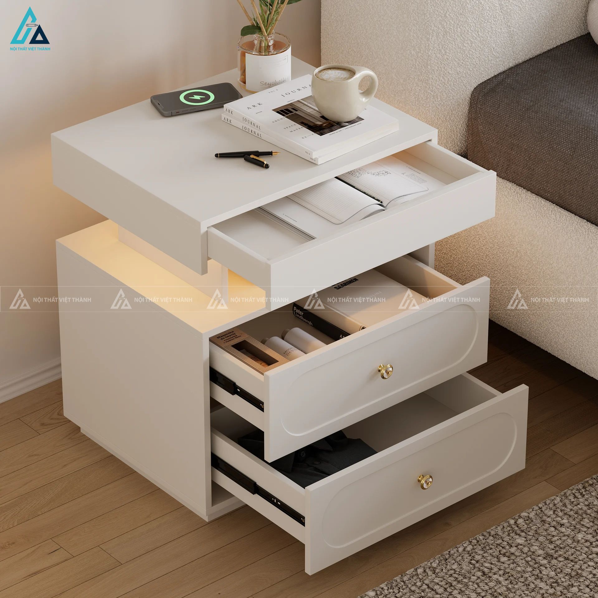 Tủ đầu giường tích hợp ngăn kéo và kệ đèn LED thông minh 5