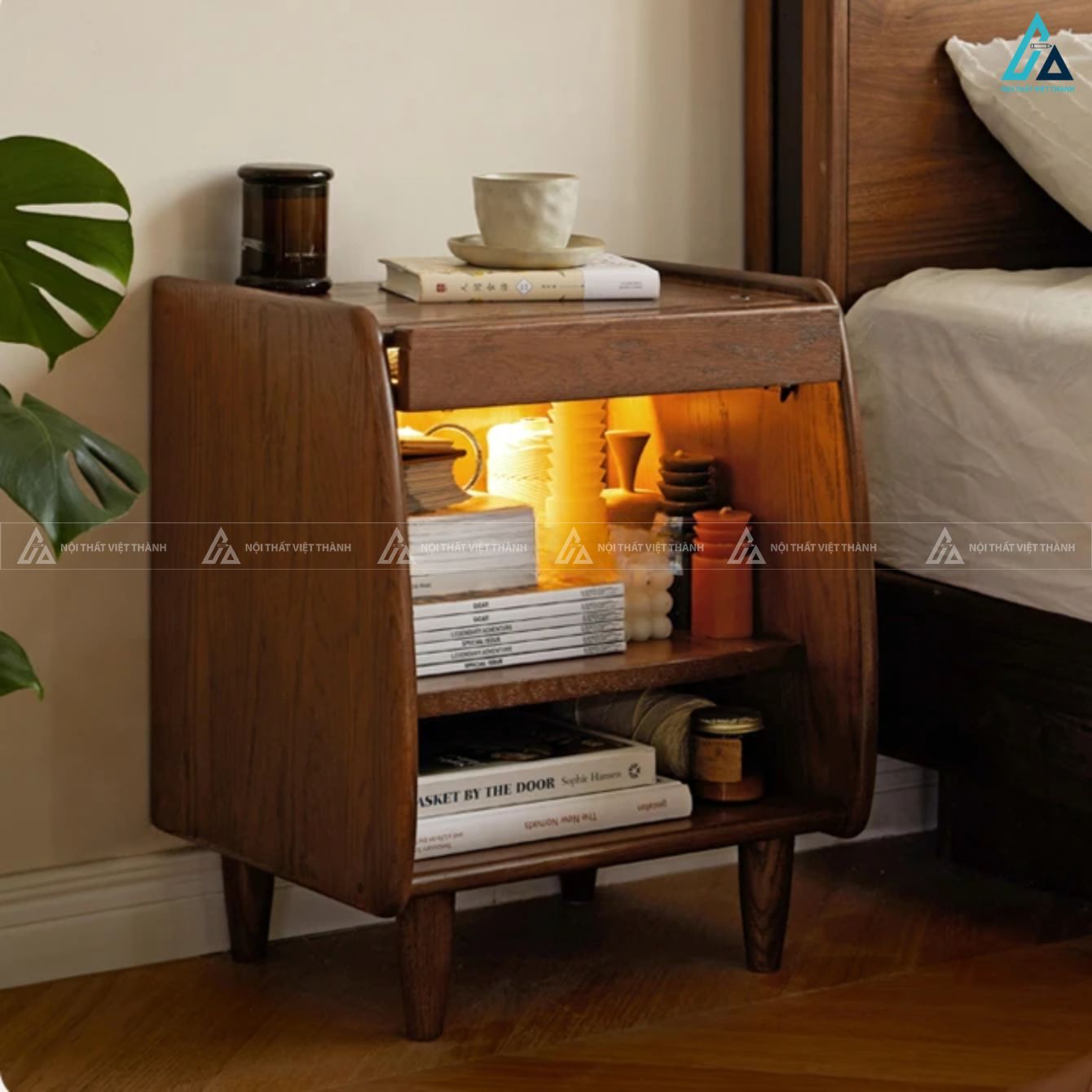 Tủ đầu giường hiện đại phối mây đan có đèn led trang trí 6