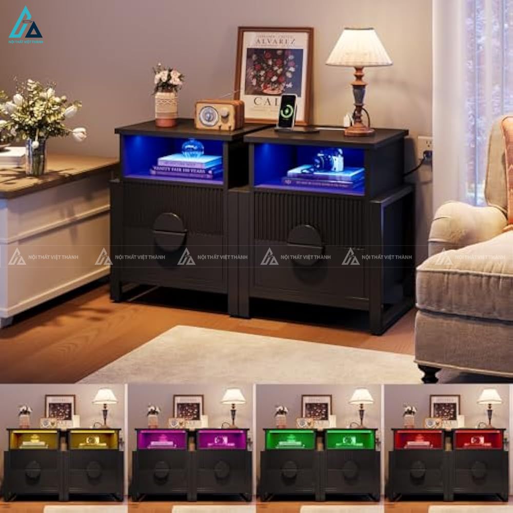Tủ đầu giường 2 ngăn kéo tích hợp đèn LED hiện đại sang trọng 6