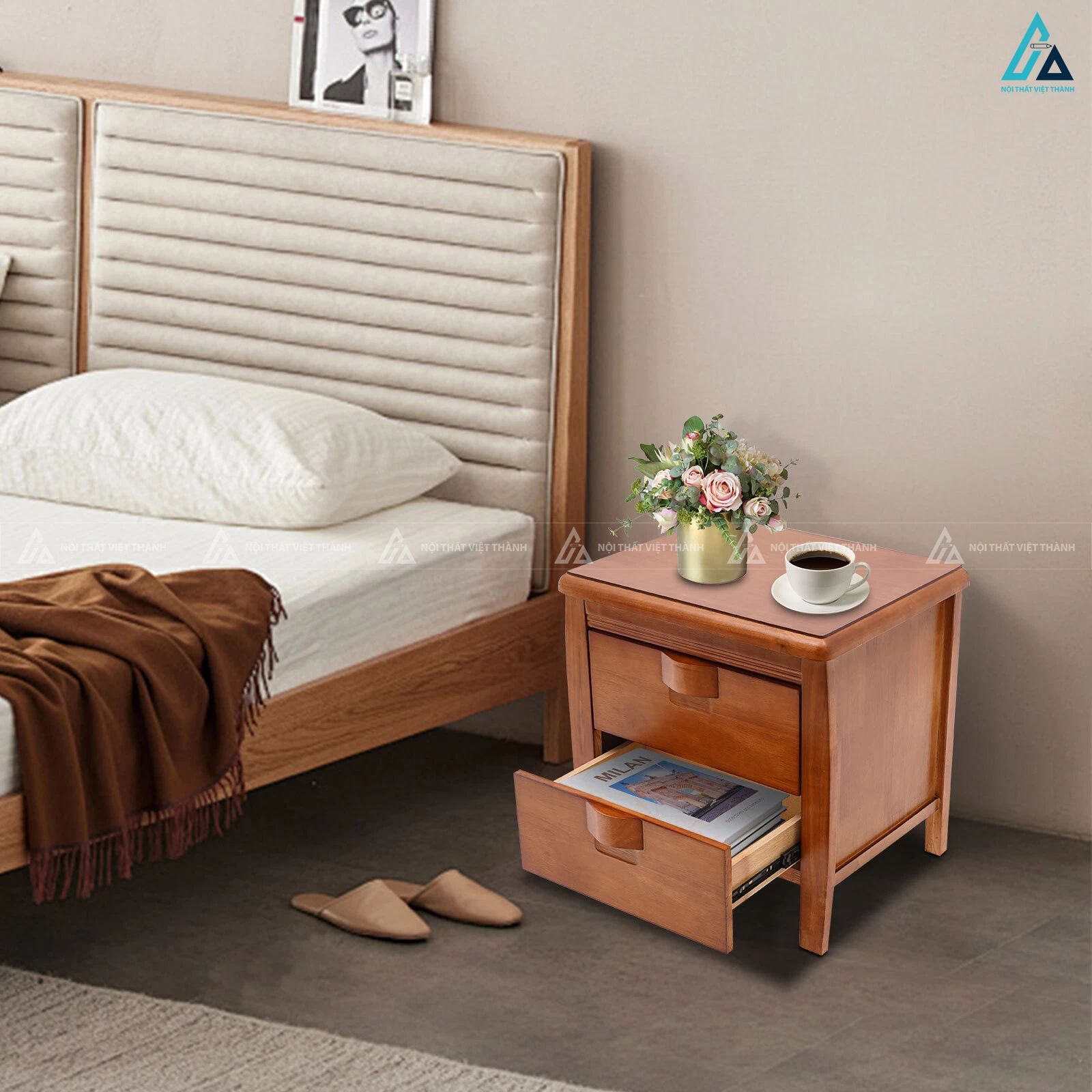 Tủ đầu giường gỗ nguyên khối 2 ngăn kéo thiết kế tối giản 6