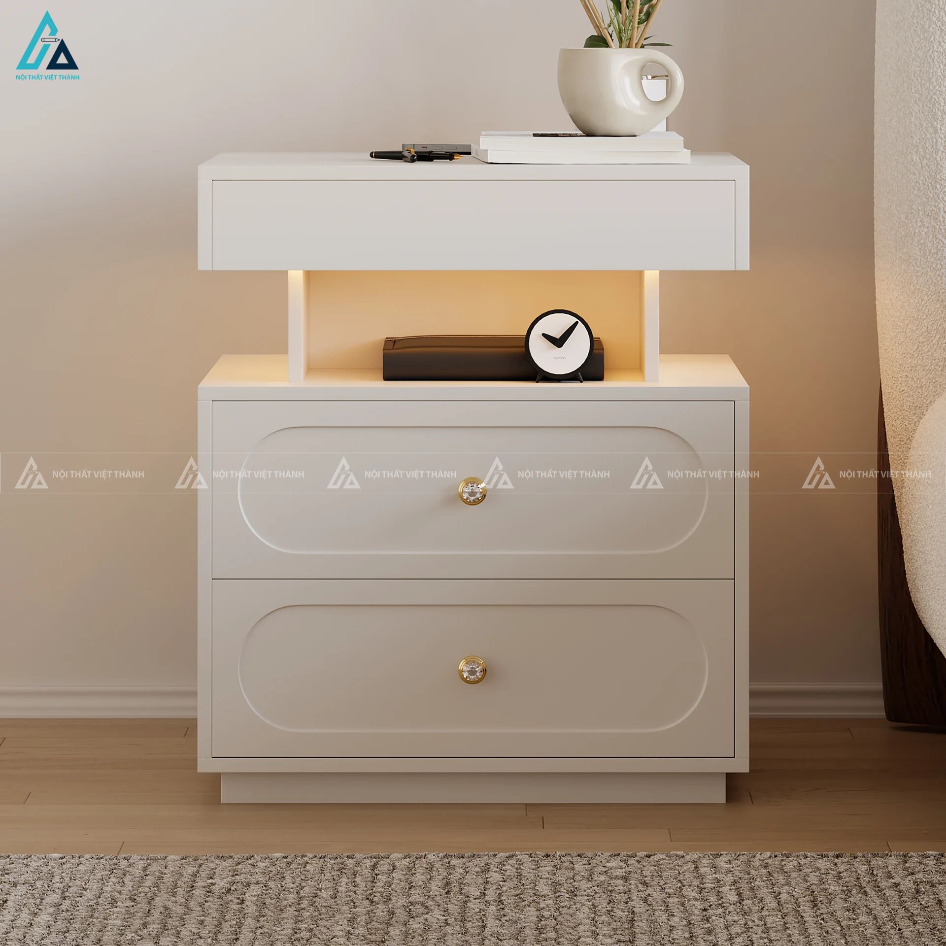Tủ đầu giường tích hợp ngăn kéo và kệ đèn LED thông minh 6