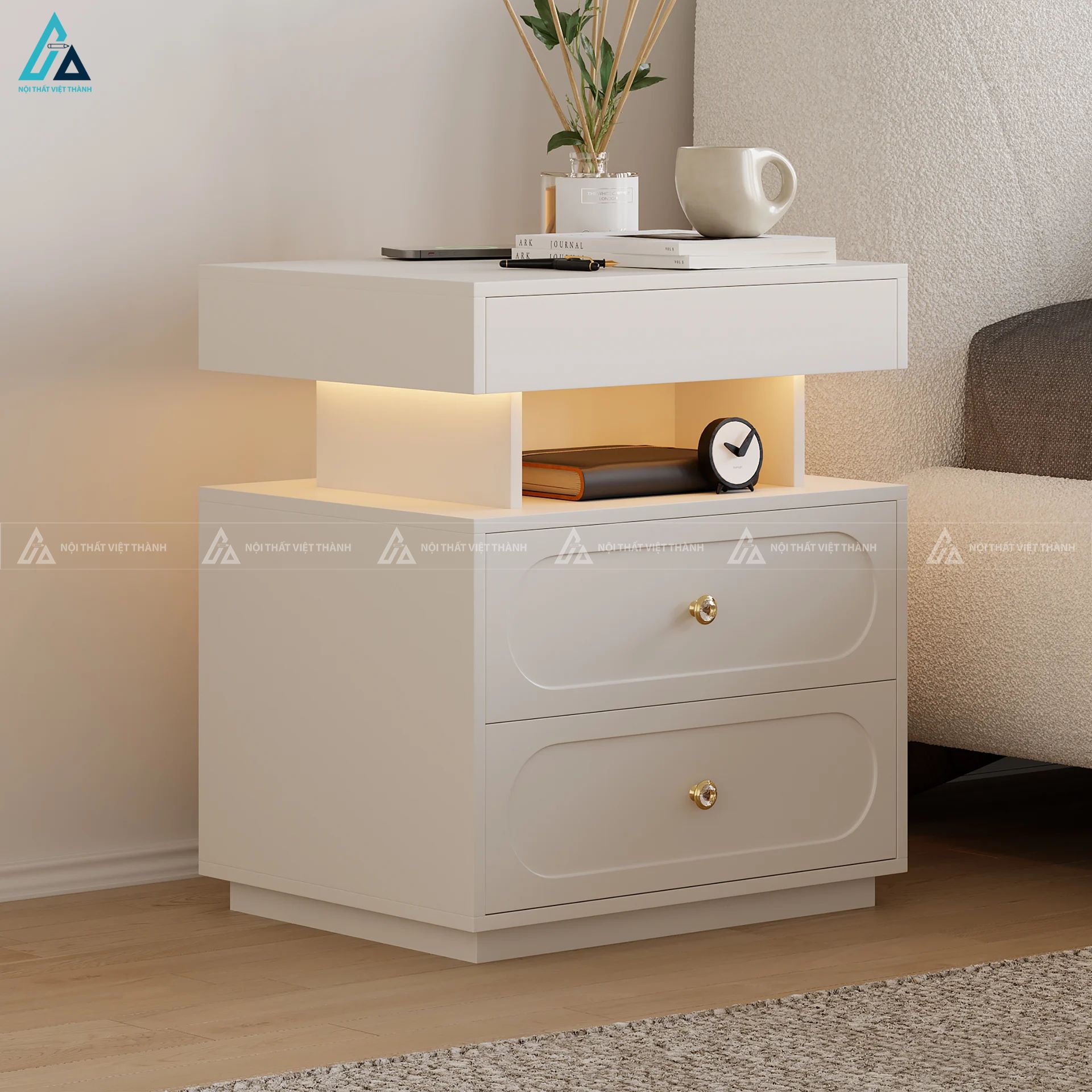 Tủ đầu giường tích hợp ngăn kéo và kệ đèn LED thông minh 7