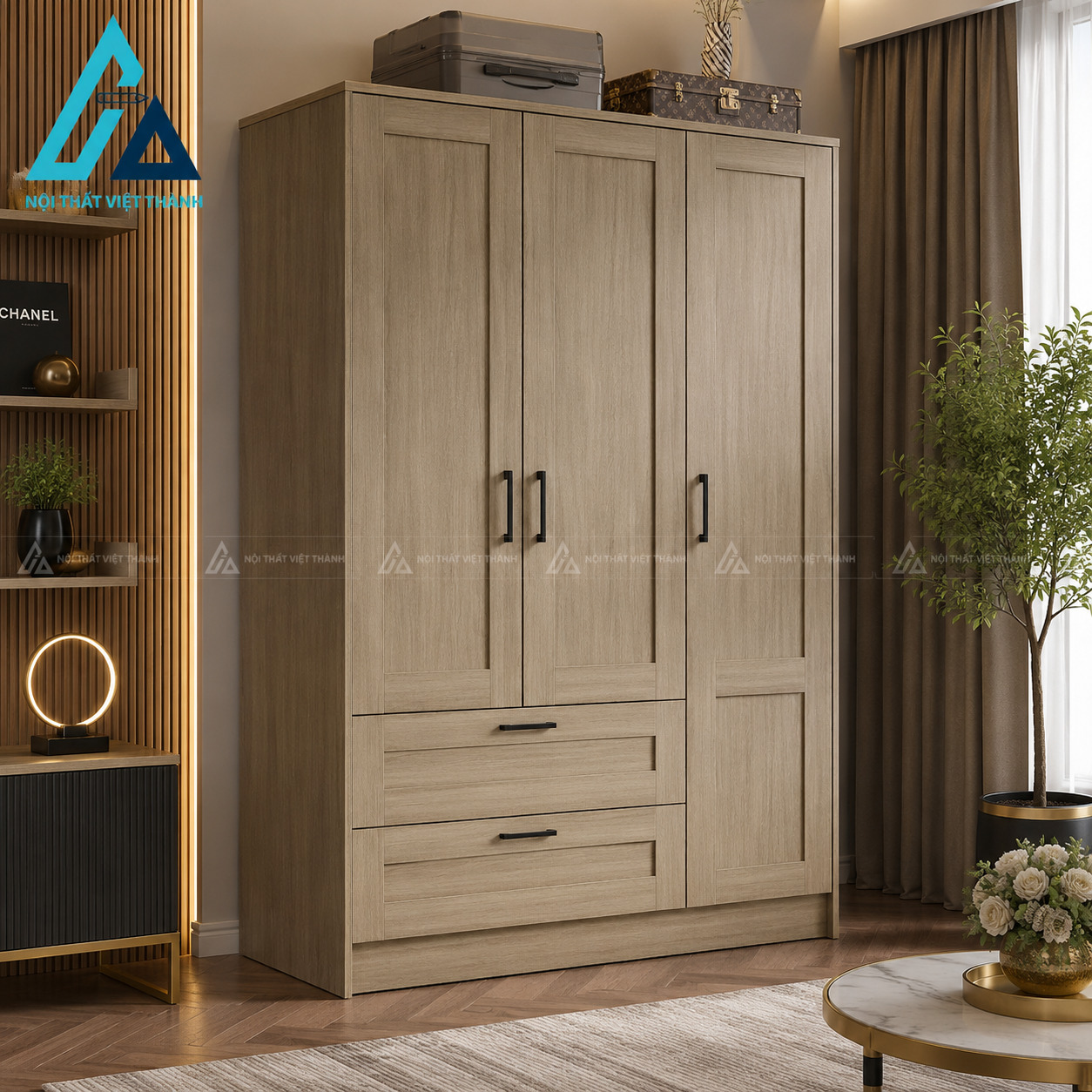 Tủ quần áo 3 cánh mdf có ngăn kéo tiện dụng phong cách hiện đại