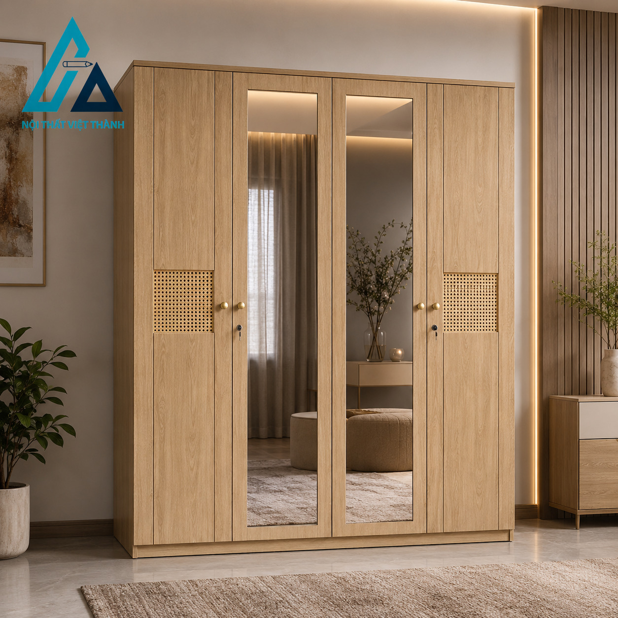 Tủ quần áo 4 cánh mdf phối mây đan cánh gương hiện đại