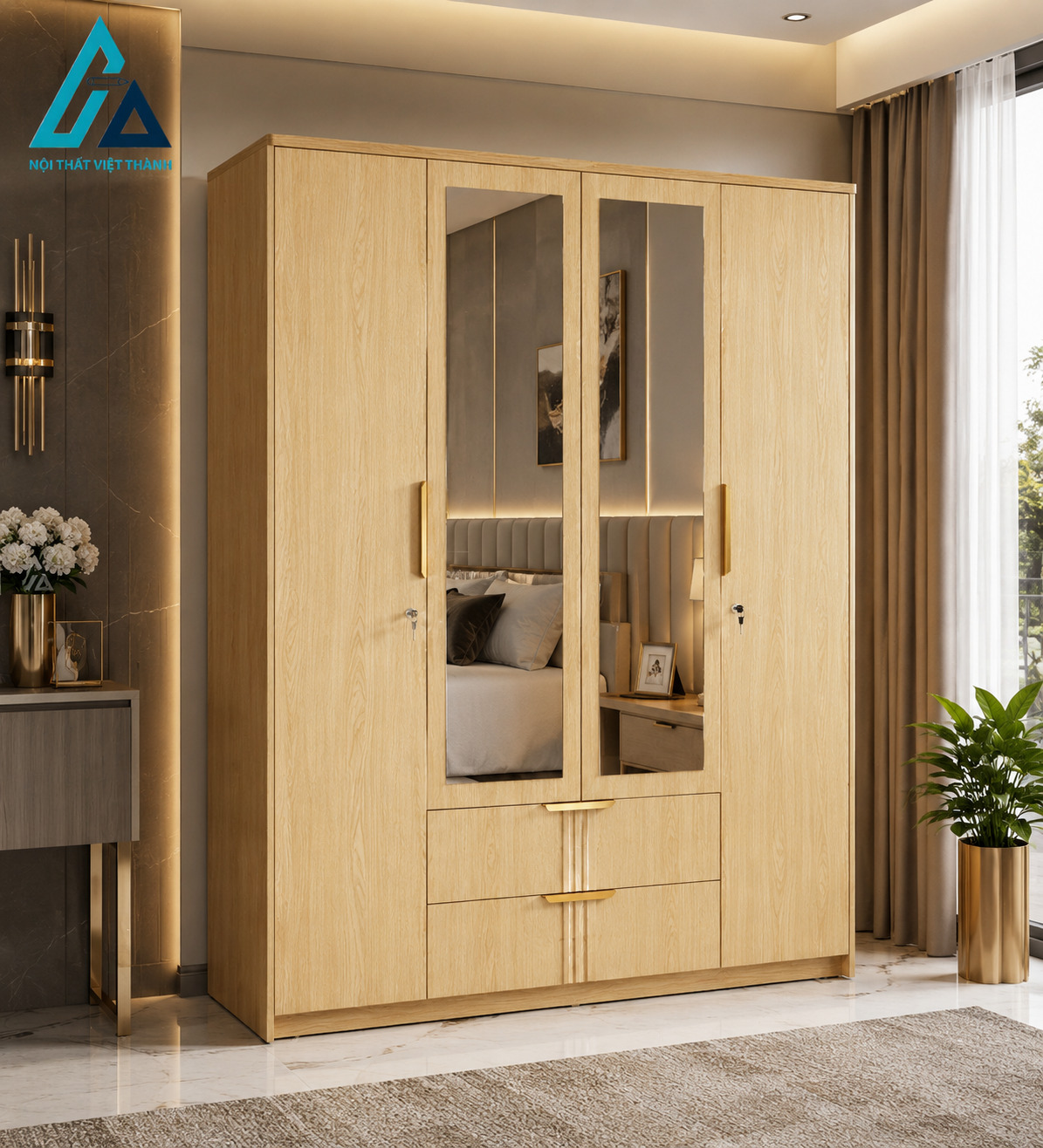 Tủ quần áo 4 cánh mdf cao cấp có gương hiện đại sang trọng