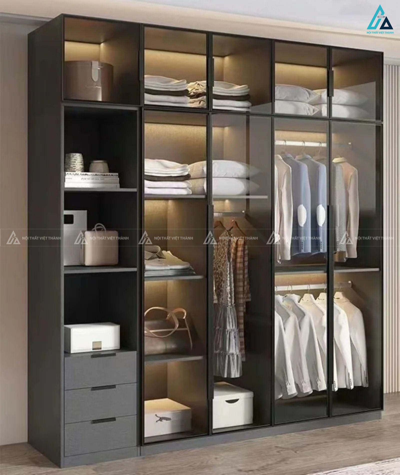 Tủ quần áo cánh kính sang trọng tích hợp kệ để đồ và ngăn kéo 3
