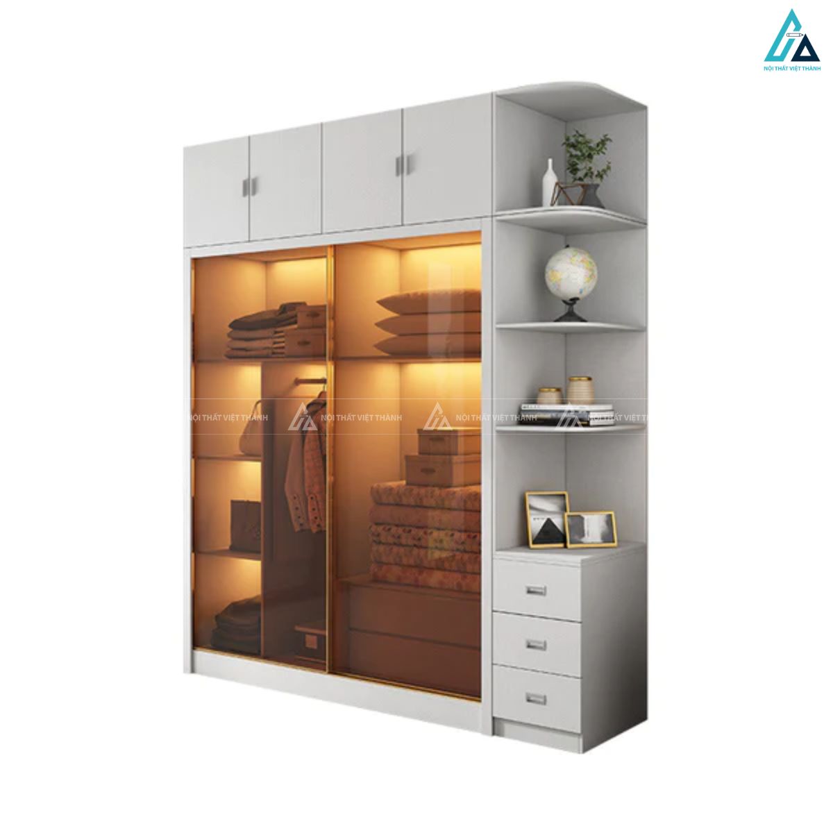 Tủ quần áo cánh kính đa năng kết hợp kệ trang trí bền bỉ lâu dài 1