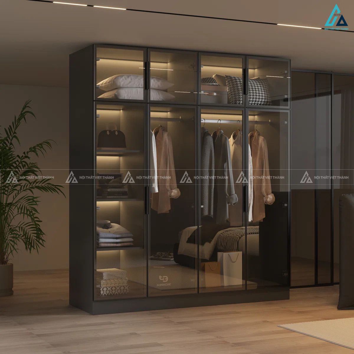 Tủ quần áo cánh kính thời thượng tích hợp đèn led cao cấp