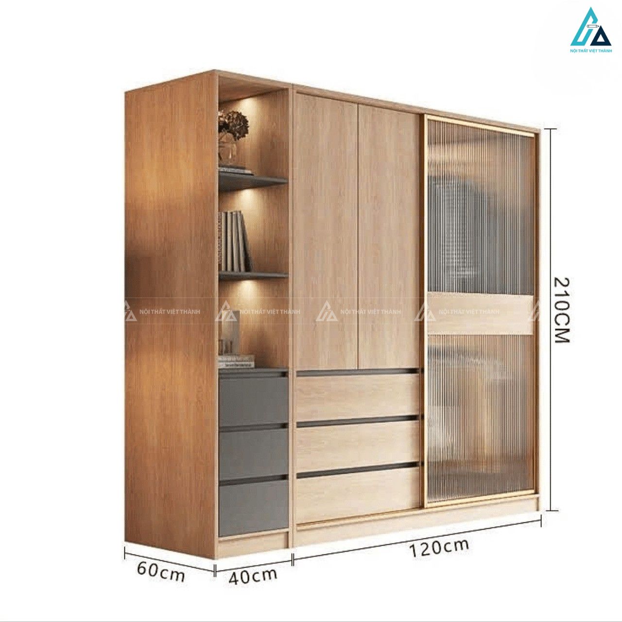 Tủ quần áo cánh kính viền vàng phối ngăn kéo gỗ tiện dụng thông minh 1