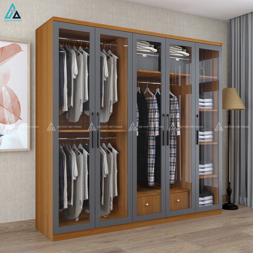 Tủ áo cánh kính khung xám kết hợp kệ gỗ đa năng tiện ích cao cấp 2