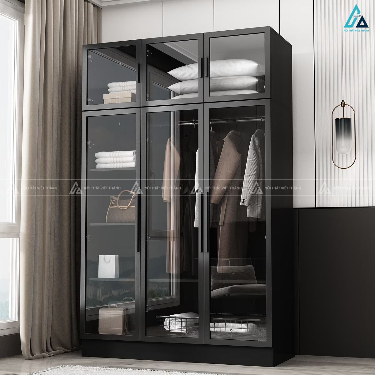 Tủ quần áo cánh kính màu đen sang trọng có đèn led thông minh 1