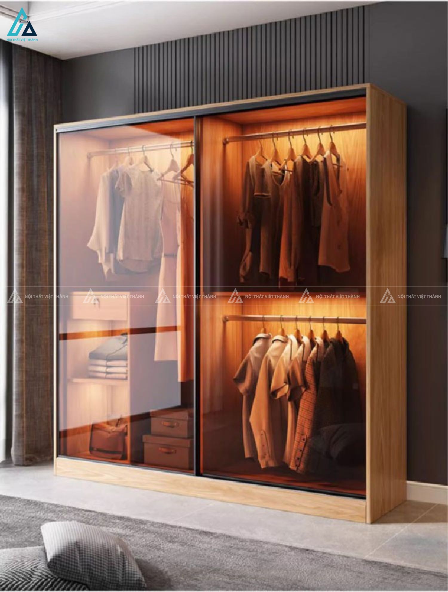 Tủ quần áo cánh kính khung gỗ tích hợp kệ trang trí tinh tế 4