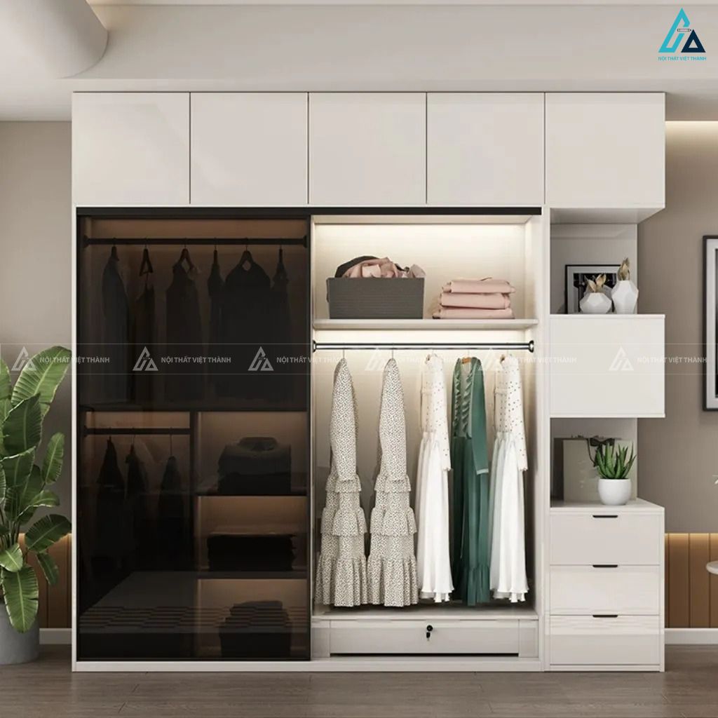 Tủ quần áo cánh kính lùa phối tủ kệ đa năng phong cách hiện đại