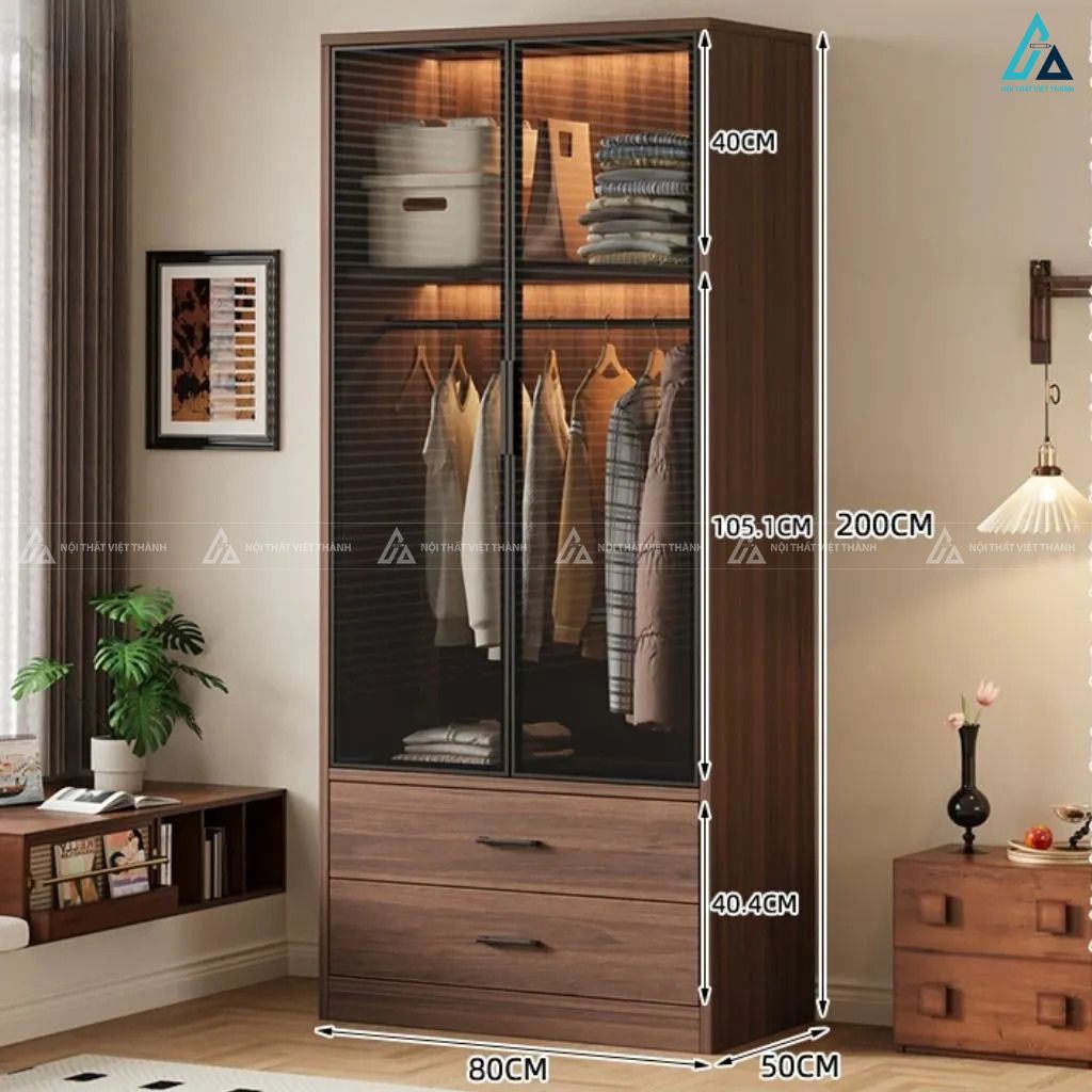 Tủ quần áo cánh kính có đèn led sang trọng thiết kế ngăn kéo gỗ 3
