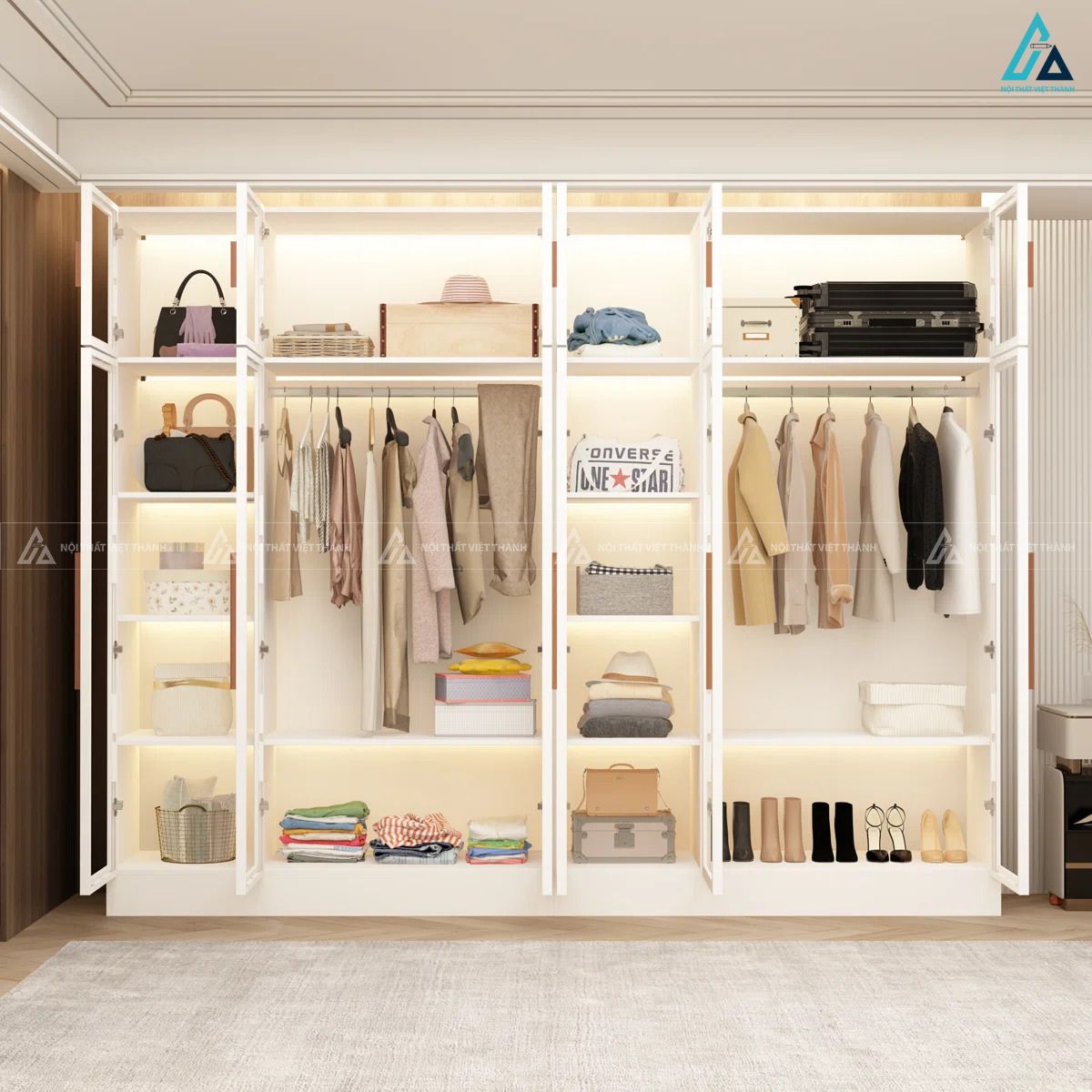 Tủ quần áo cánh kính trắng sang trọng tích hợp đèn led hiện đại 1